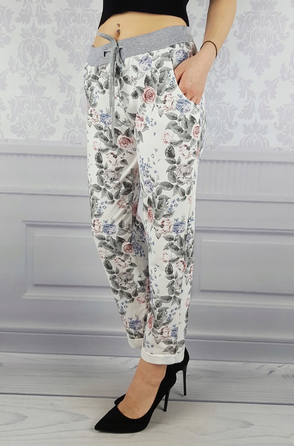 WYGODNE - SPODNIE - DRESOWE - KWIATY - Plus - Size Materiał dominujący bawełna