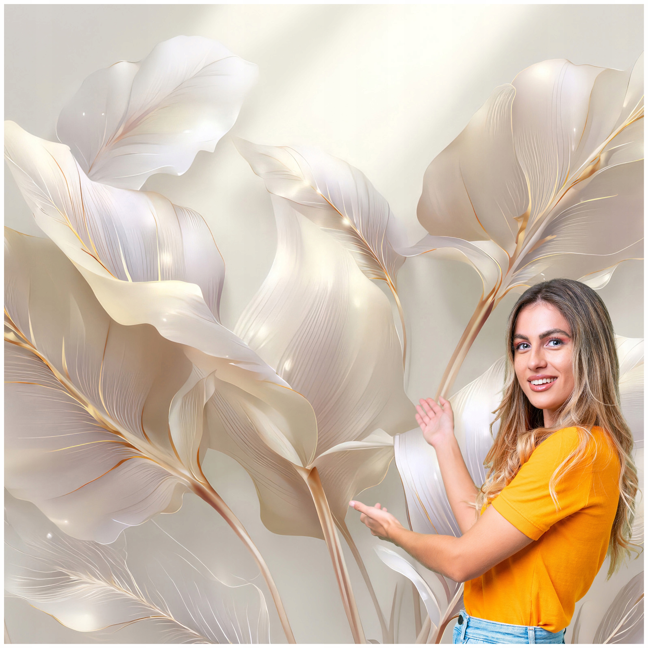 Fototapeta Obývací Pokoj Ložnice Listy Abstrakce Zlato Béžová 294x260 LAZB05W