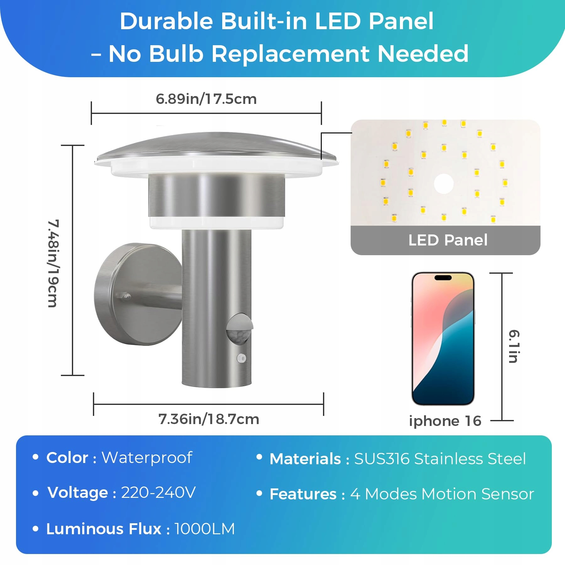 Lampa Zewnętrzna LED Z Czujnikiem Ruchu Srebrna Ciepła IP44 9W NBHANYUAN — miniatura 6