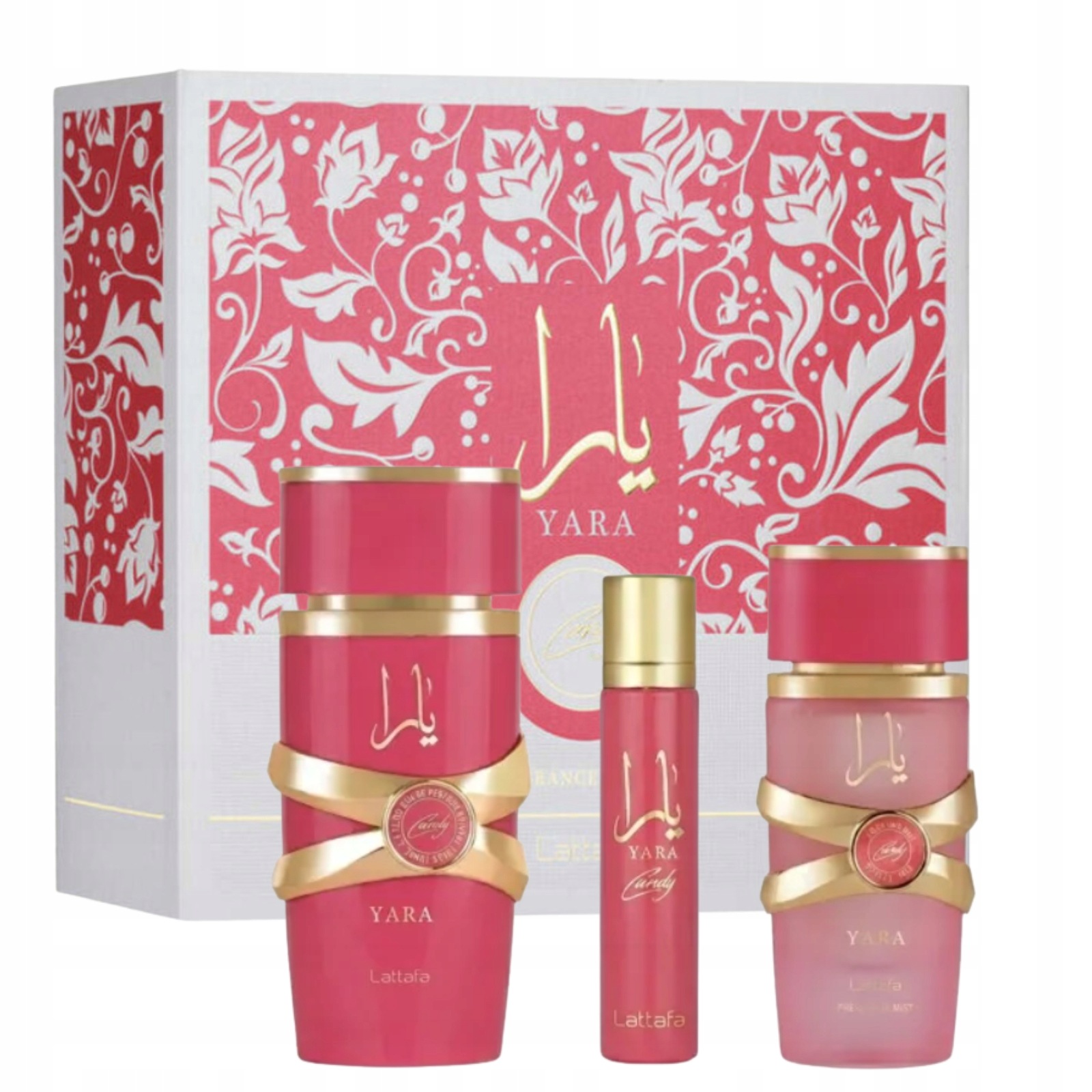 Lattafa Yara Candy zestaw: perfumy 100 ml+12 ml+ mgiełka do włosów 50 ml