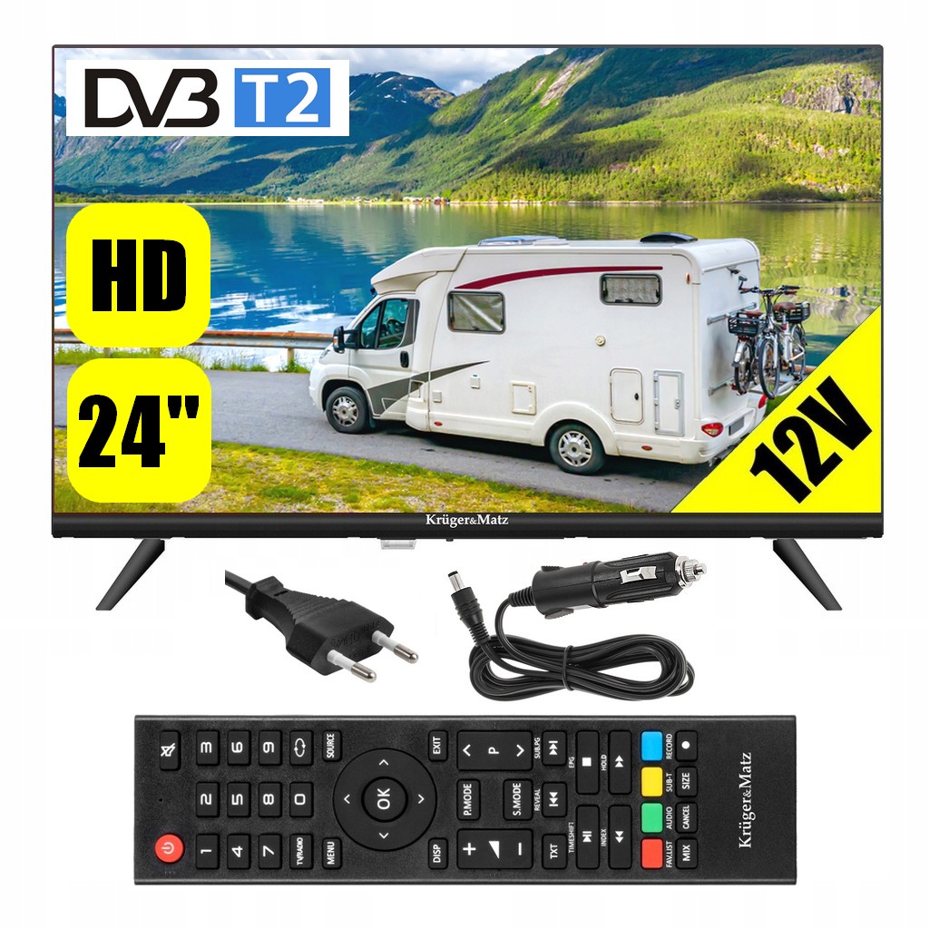 Telewizor 24" samochodowy do Ciężarówki Kamper Kamping DVBT2 Vga 230V 12V