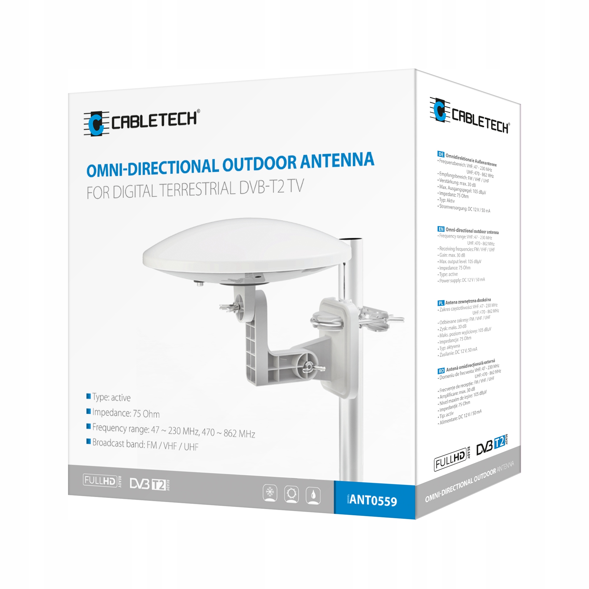 Aktivní všesměrová venkovní anténa Cabletech Tir Bus Camper 30 dBi