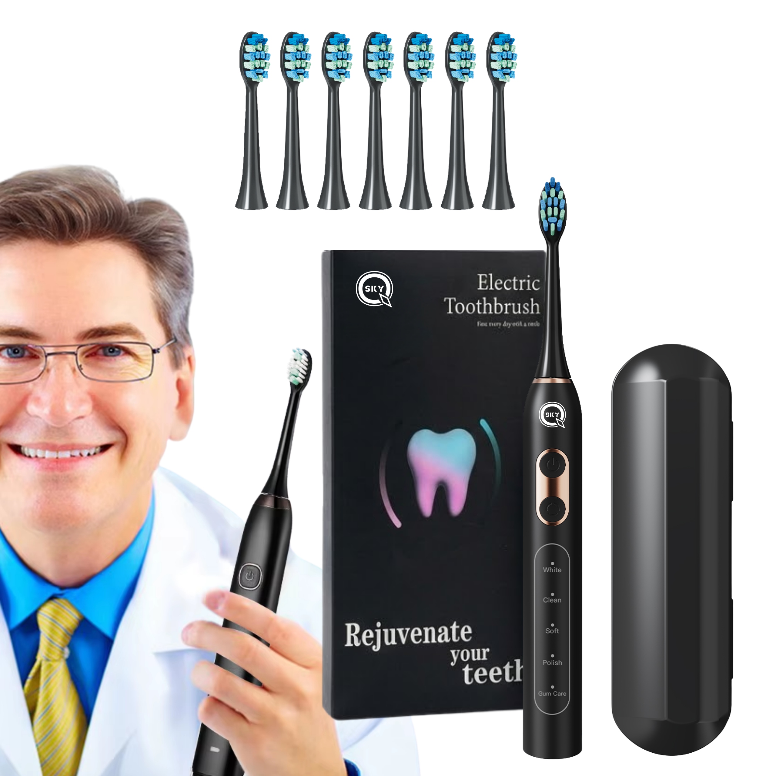 Elektryczna Soniczna Szczoteczka Do Zębów Czarna 6 Końcówek 42TYS R/min