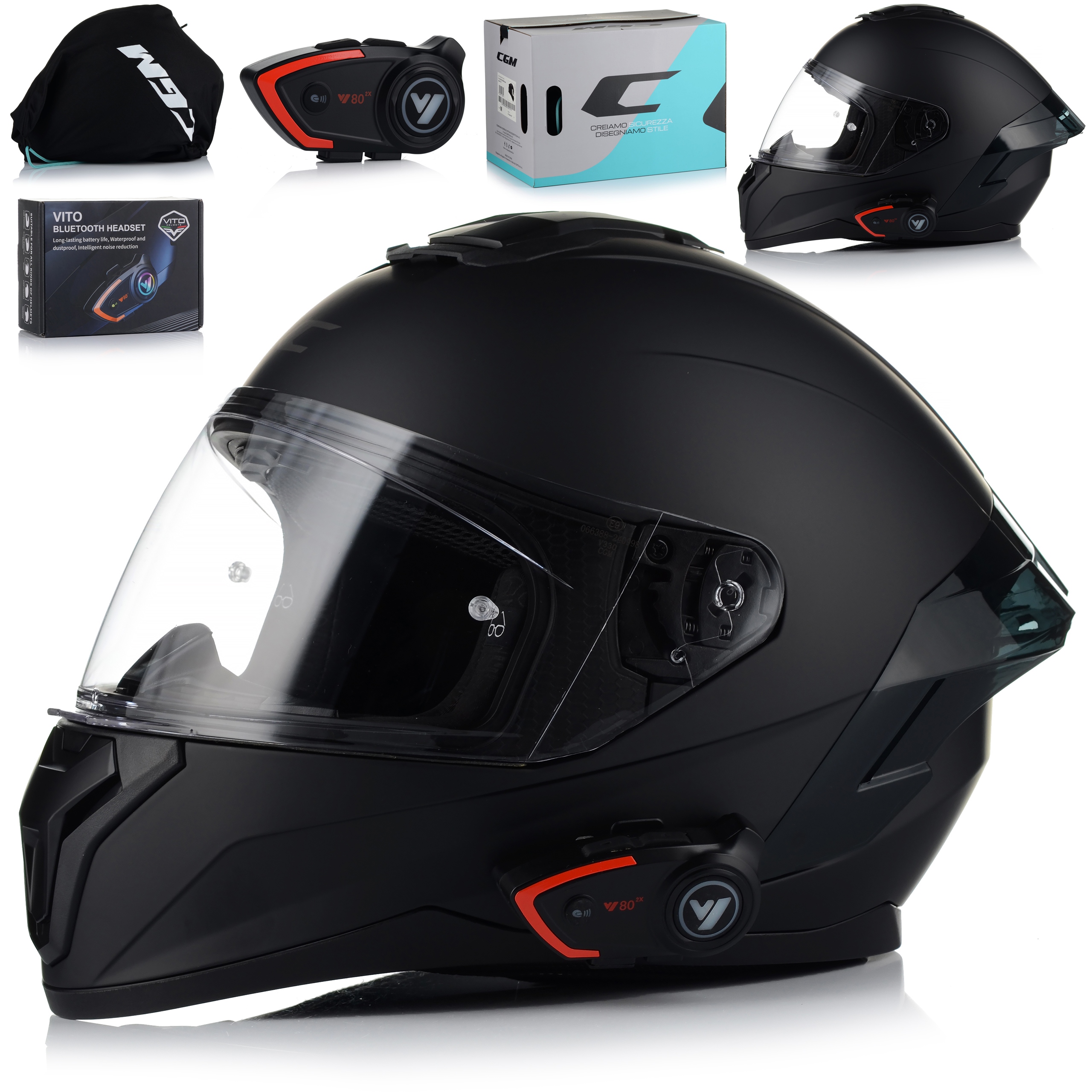 Motocyklová prilba Cgm 330 čierna matt 22.06 Hpt systém pinlock interkom