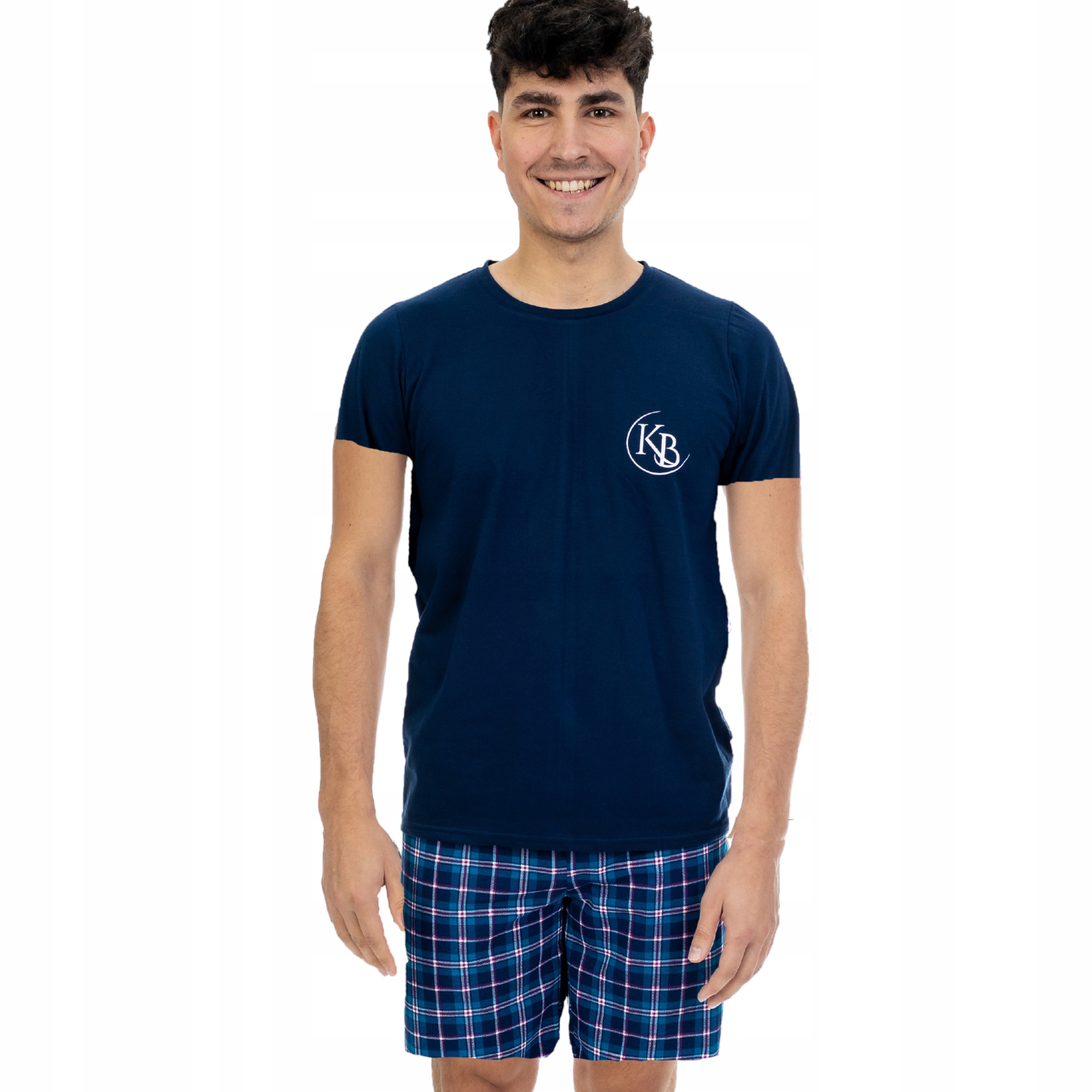Pánské Pyžamo Námořnická Modrá Krátký Rukáv Šortky Mřížka Tyrkysový Potisk Kb M