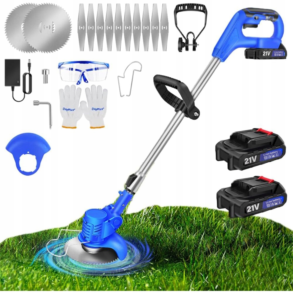 Akumulátorový vyžínač 21V se 3 typy čepelí a hlavou 0-90° modrý