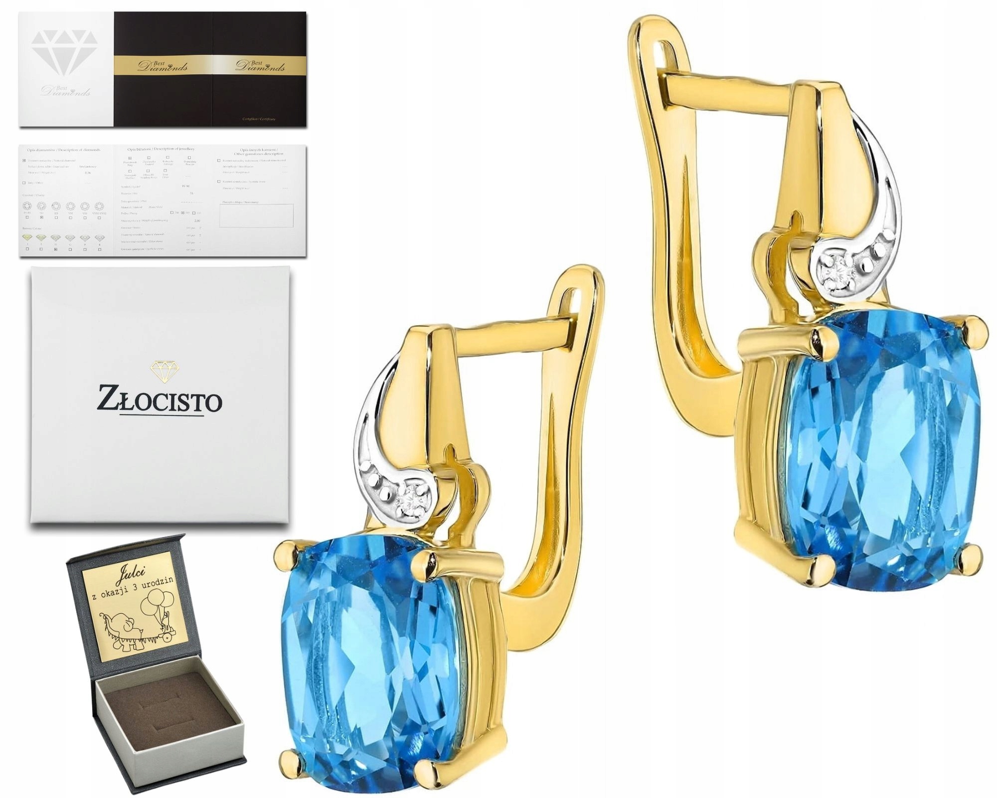 Zlaté Náušnice Topaz A Brilianty Zlato 585 Gravírování Dárek