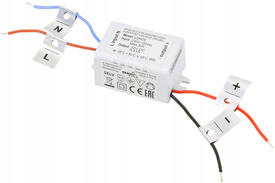 MINI ZASILACZ ELEKTRONICZNY 54x28x24mm DO LED 12V DC 5W BEMKO LD005