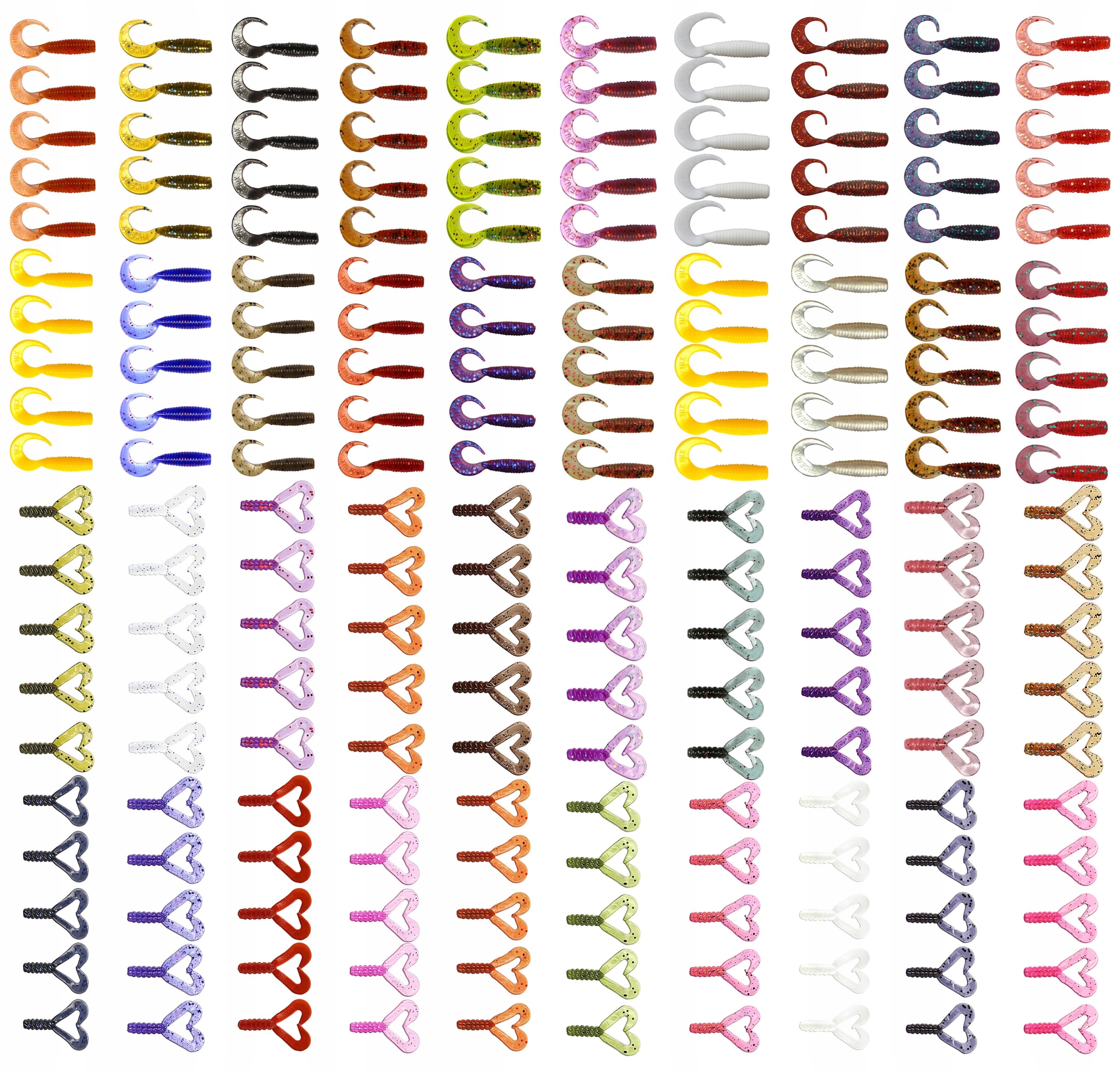 Sada 200 kusů Twisterů a dvouocasců 3,5 cm – bohaté barevné provedení