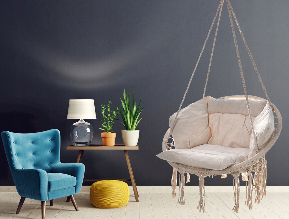 FOTEL OGRODOWY WISZĄCY BOCIANIE GNIAZDO HUŚTAWKA Z PODUSZKĄ LEA ECRU Stan opakowania oryginalne