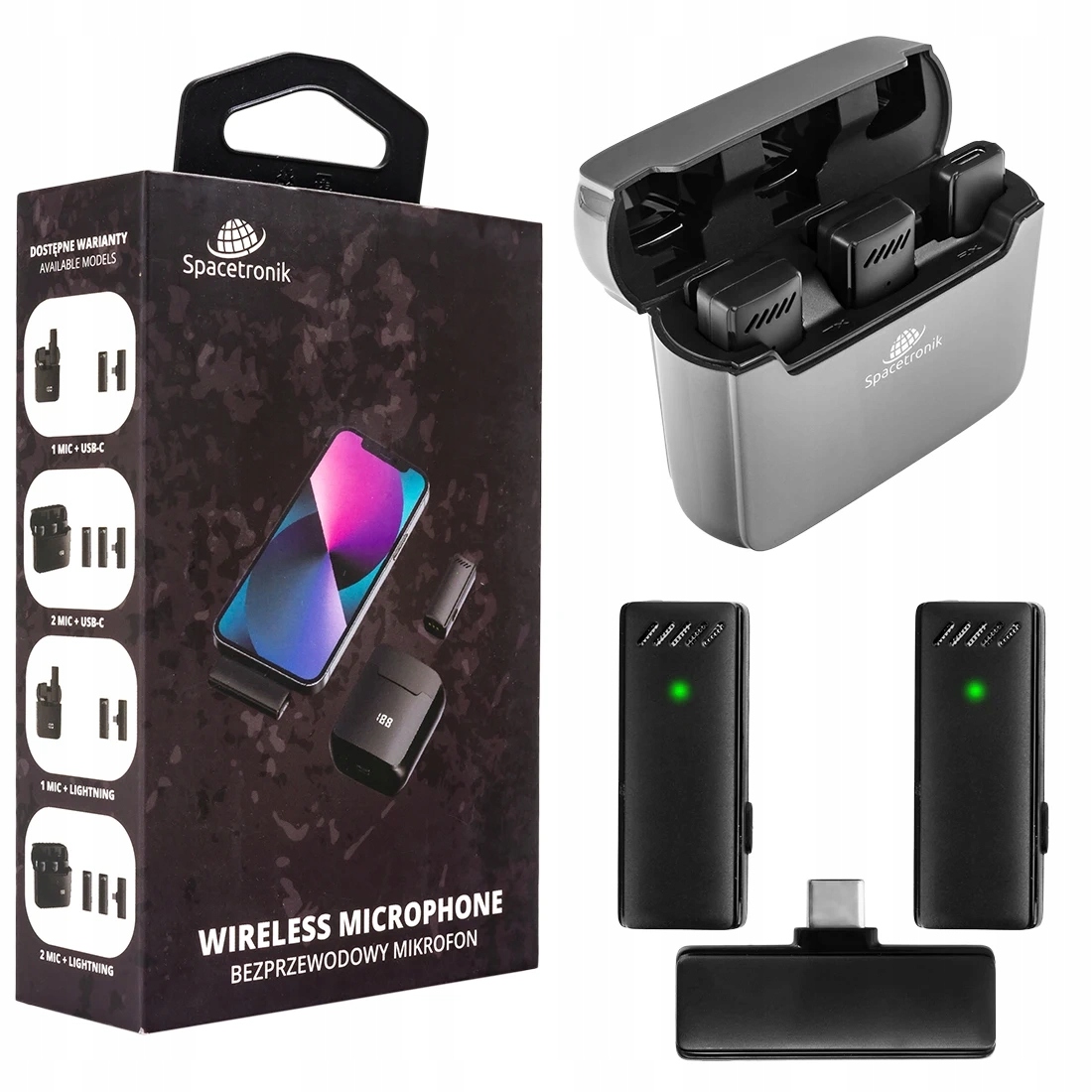 2x Bezprzewodowy mikrofon krawatowy z etui USB-C Spacetronik czarny