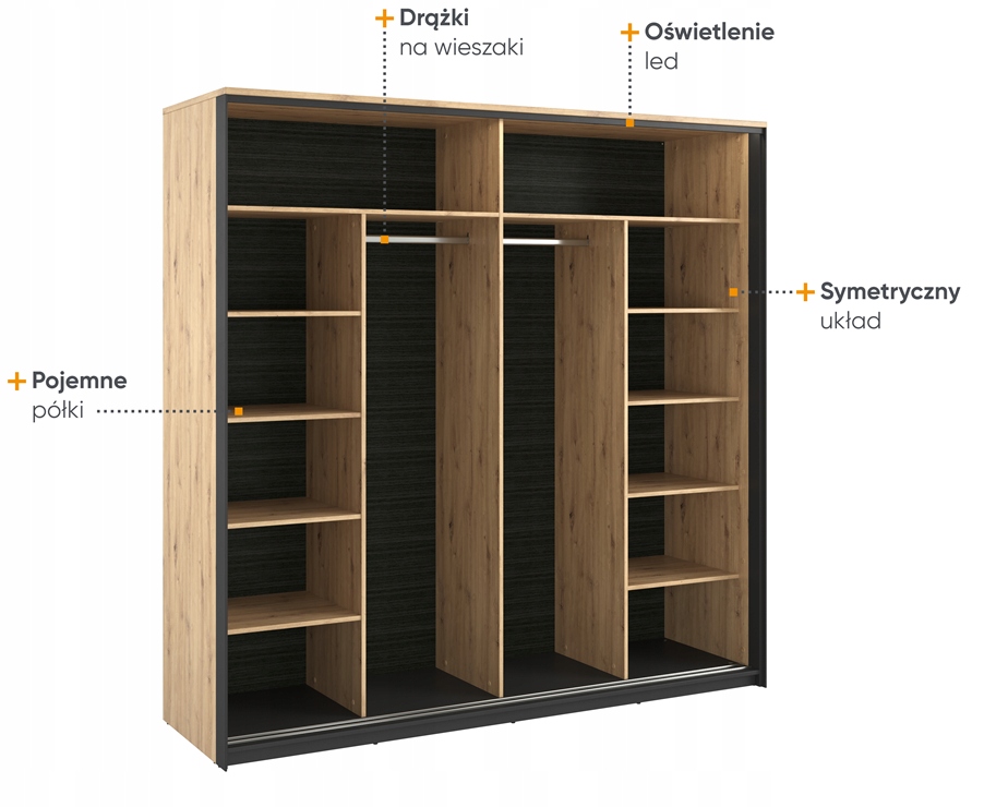 LOFTOWA SZAFA PRZESUWNA Z OŚWIETLENIEM Kod producenta QUANT QS-01 b2b dąb artisan/czarny