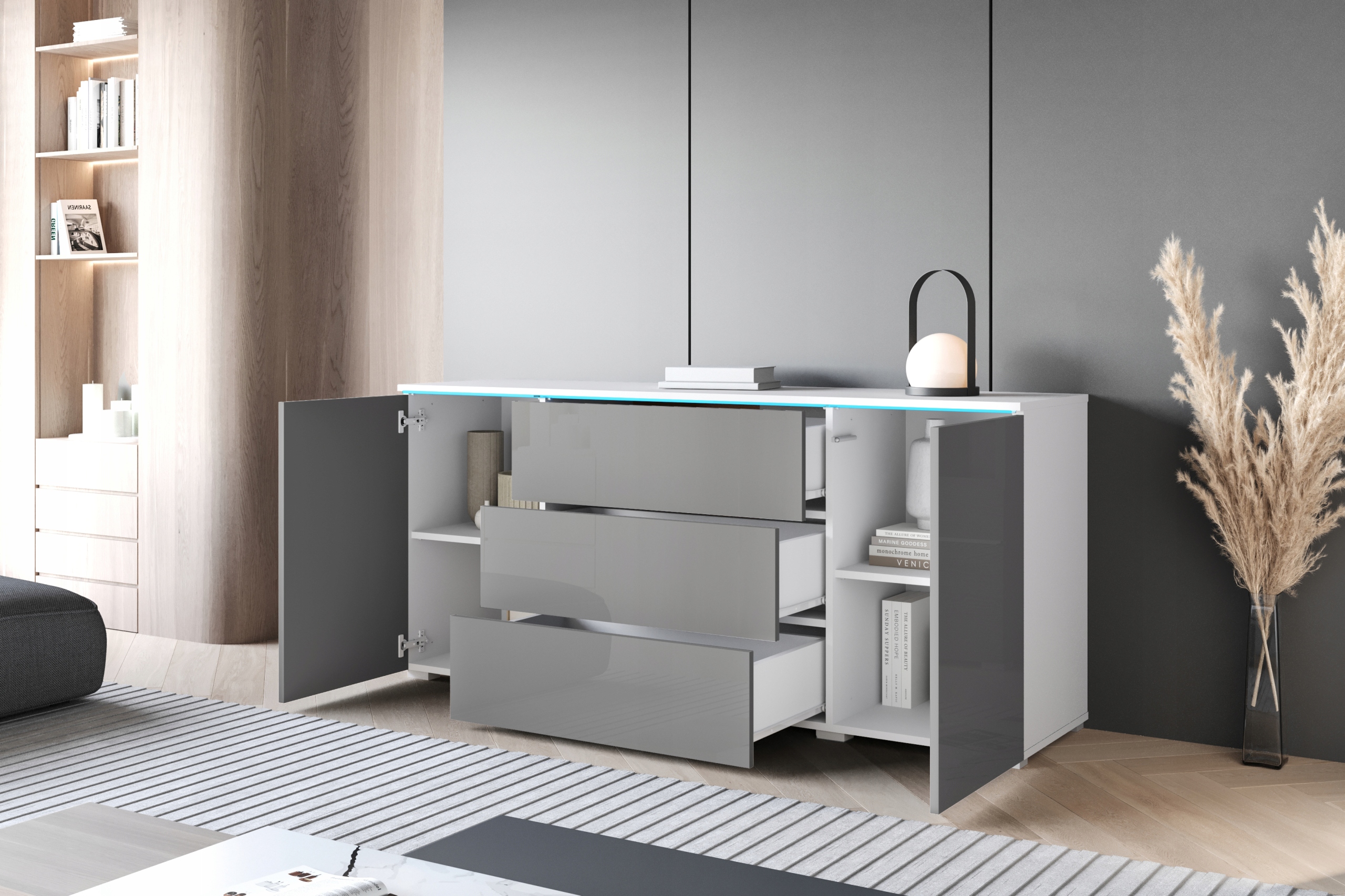 Komoda VERA 150 Biały / Szary Połysk Marka KING-Meble