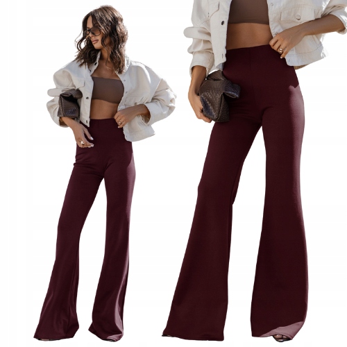 Dopasowane Spodnie Dzwony Z Wiskozy Bordowe