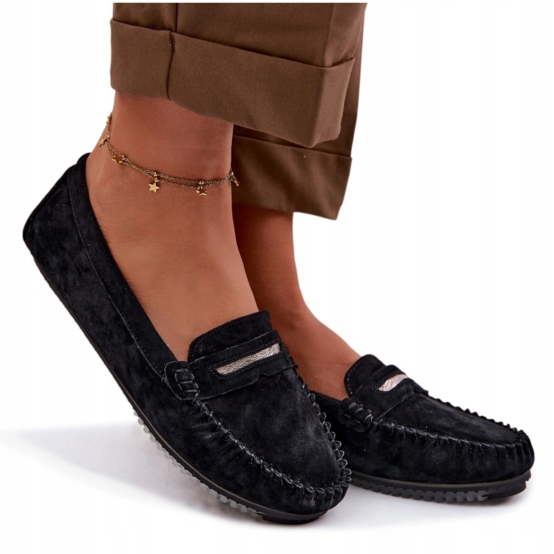 Dámské Mokasíny Z Ploché Semišové Kůže Pohodlné S.barski LR61-7029 Černé 41