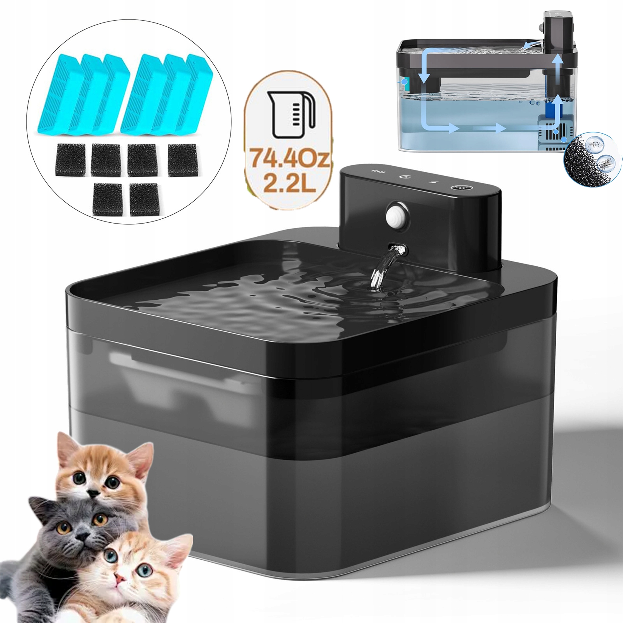 Levně Napáječka Pro Kočky 2.2L Usb-c Led Senzor Pohybu