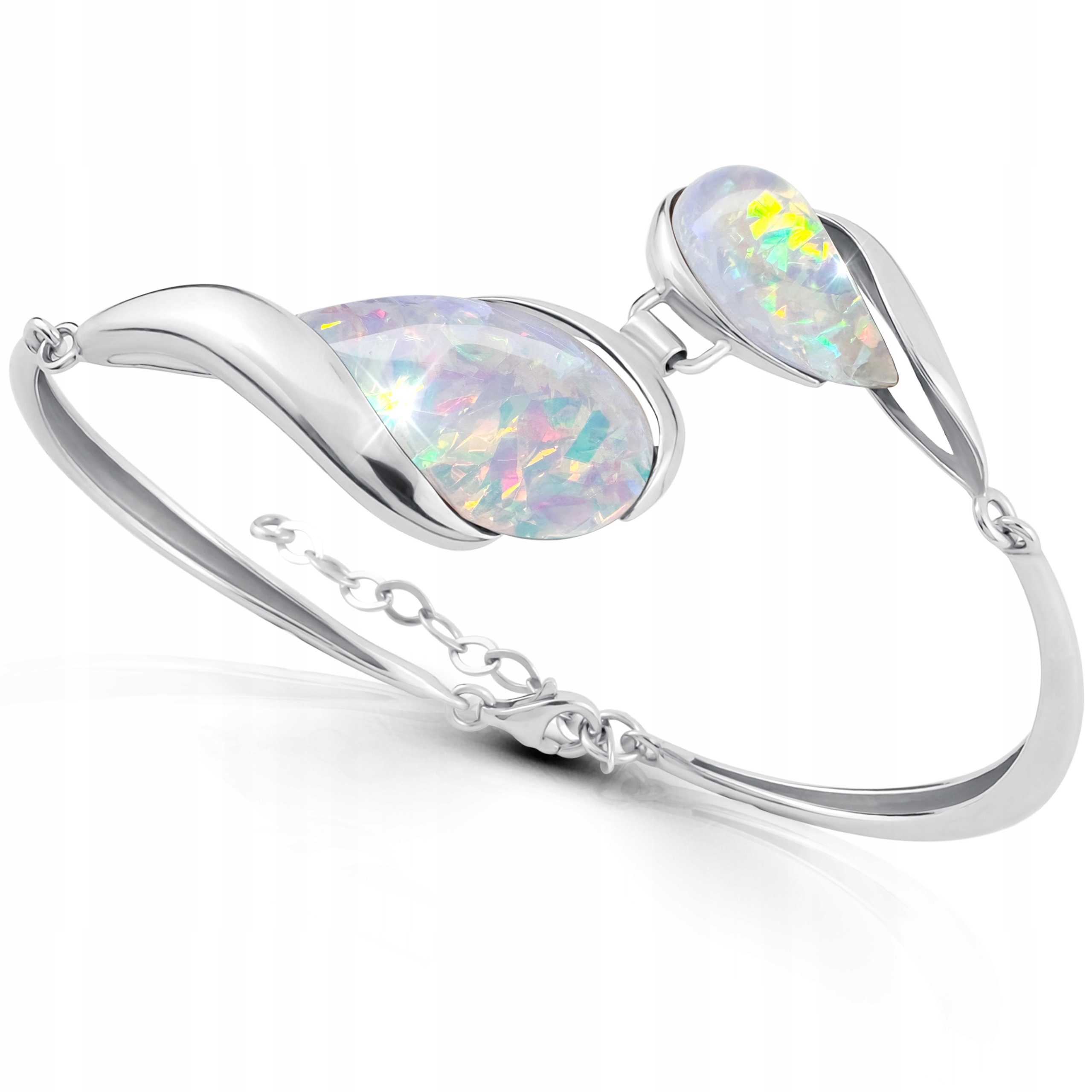 Stříbrný náramek s bílým opálem, dámský pevný náramek, stříbro 925