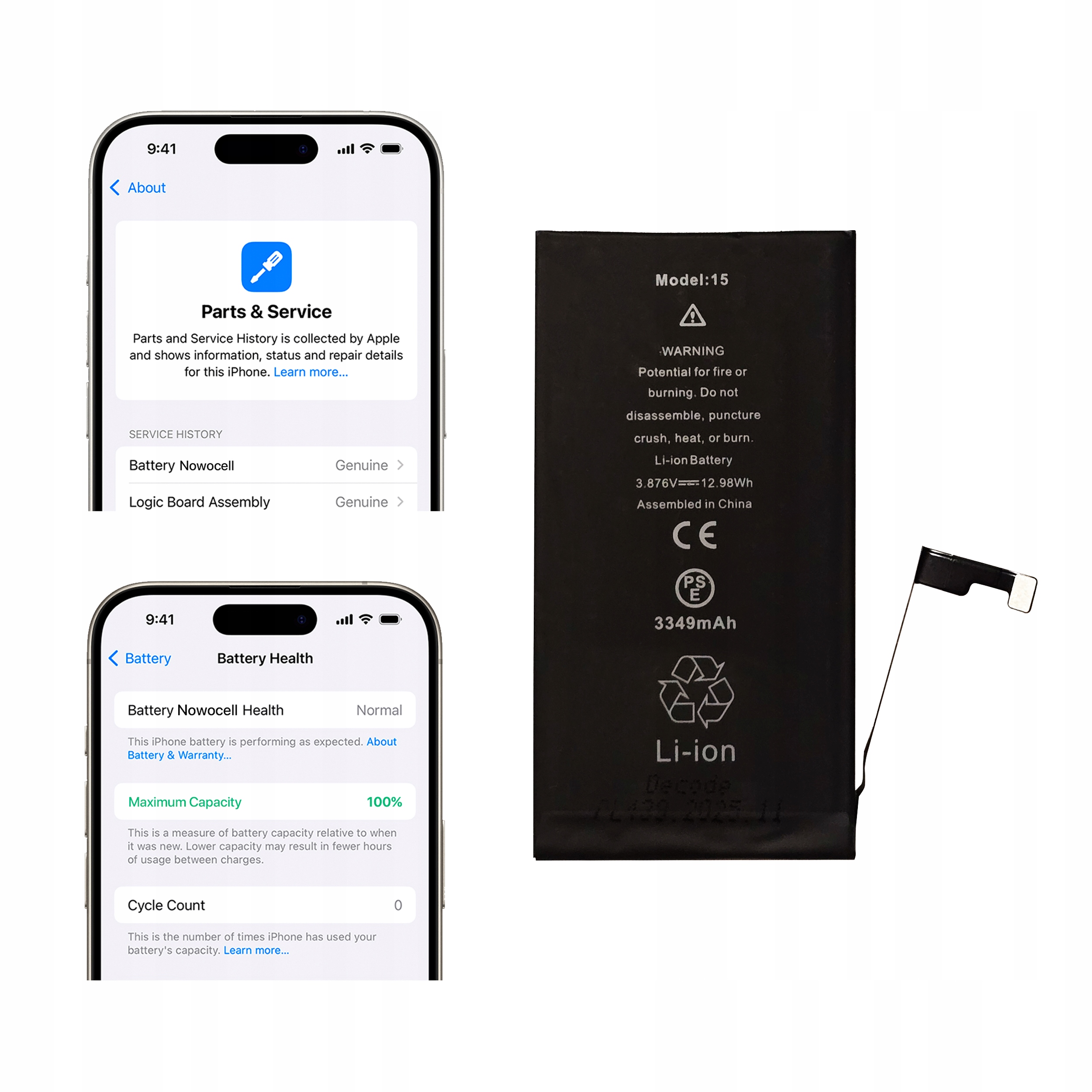 Bateria iPhone 15 3349 mAh Bez Komunikatu Oem Jakość Kondycja 100%