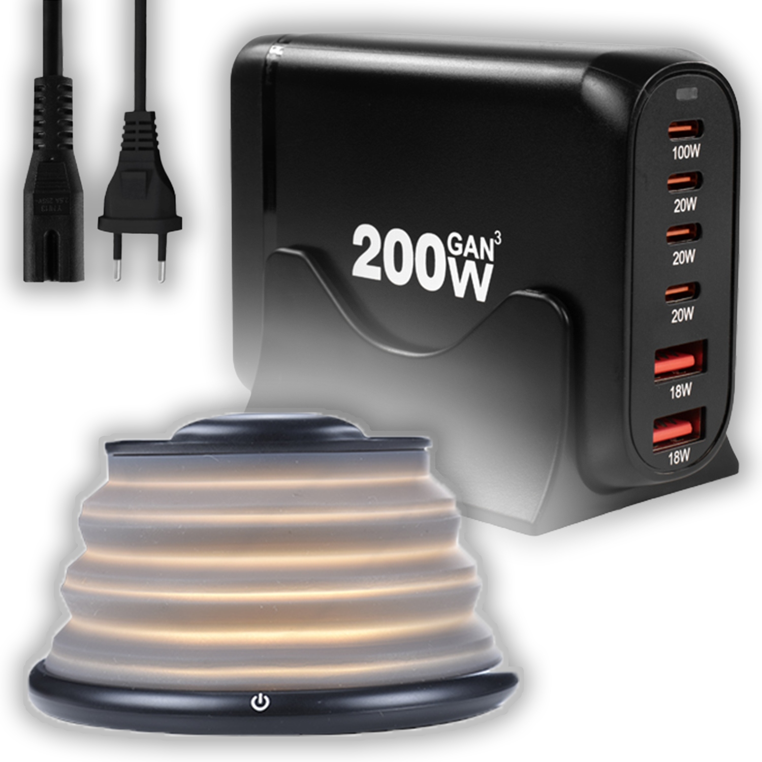 Stacja 200W GaN 2xUSB 4xUSB-C QuickCharge Webski z Ładowarką Indukcyjna Rgb