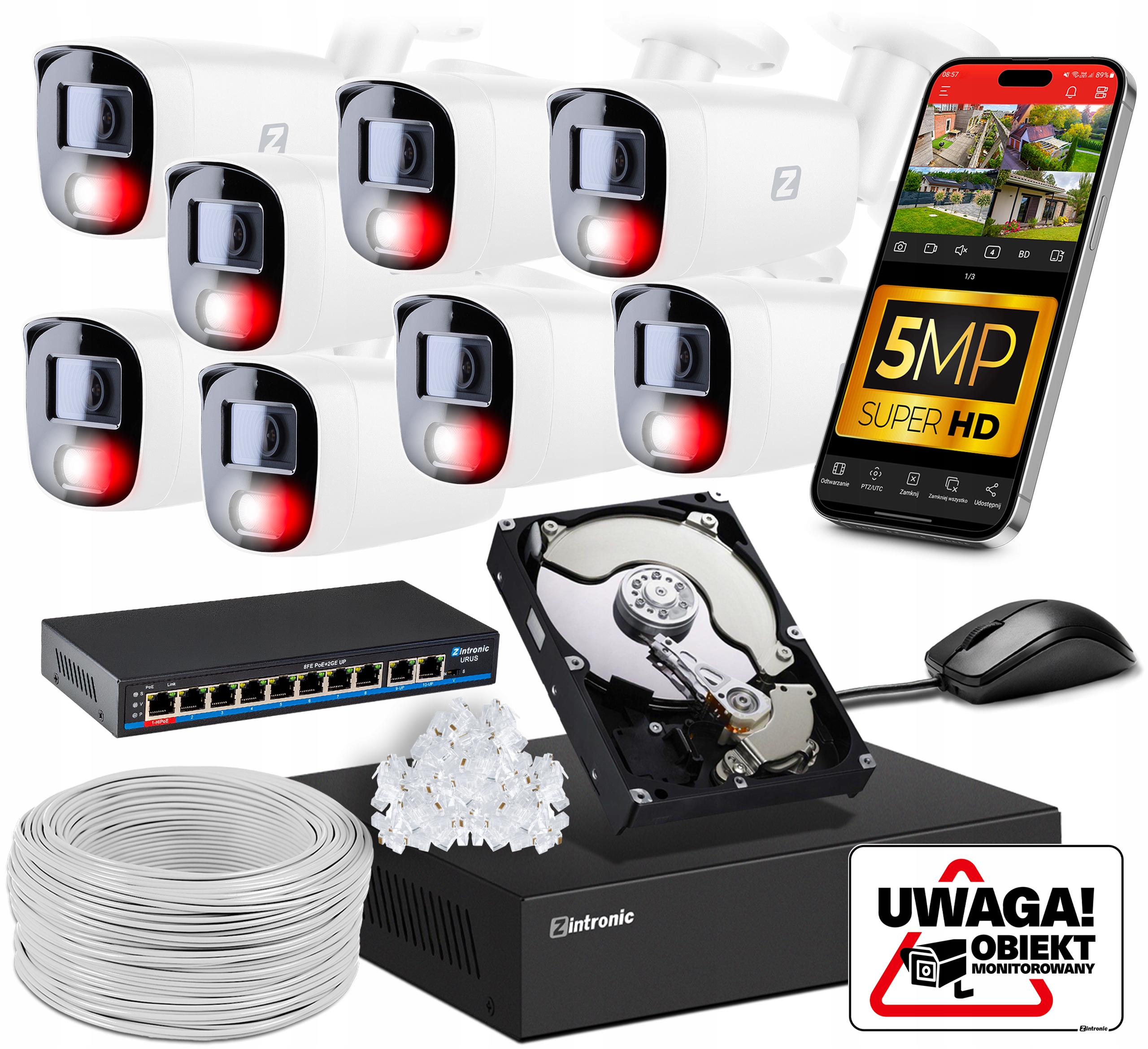 Sada pro Ip Monitorování Poe 8 Kamer 5MPx 1TB Náhled Aplikace Přepínač