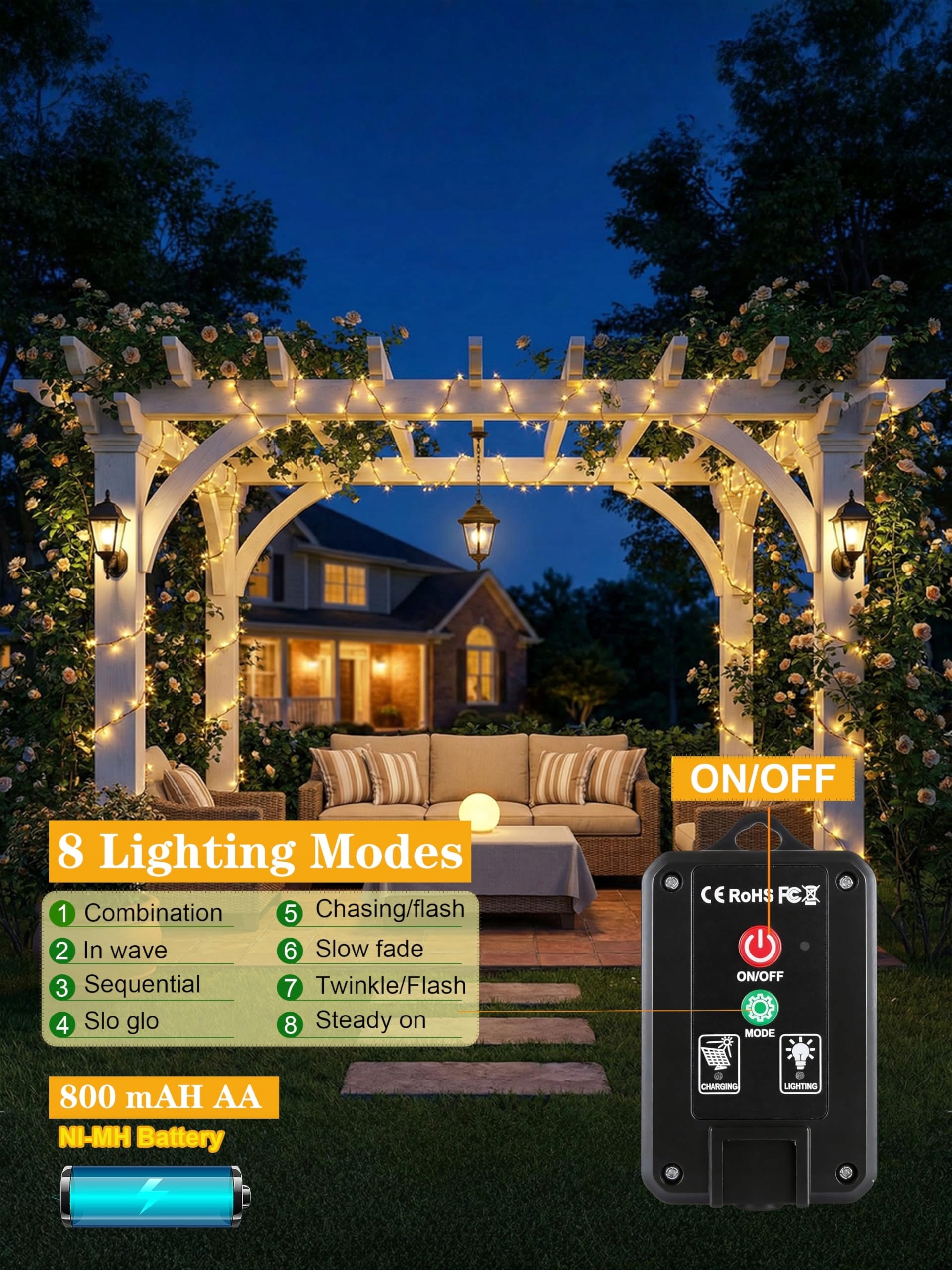 LAKIHOMI Zestaw 2 Sztuk Solarna Lampa 15M 150 LED Biała Do Ogrodu Tarasu — miniatura 2