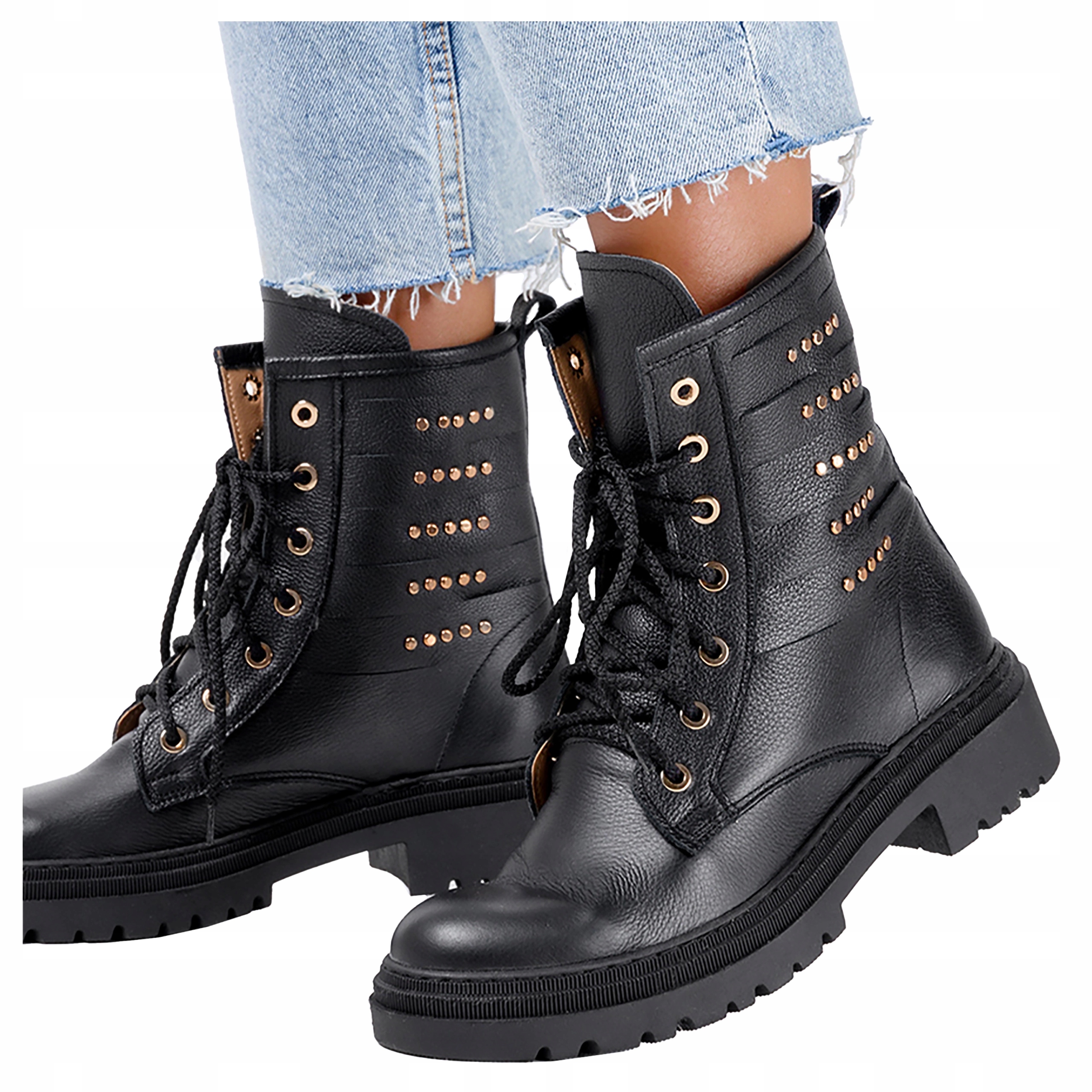 Kotníkové Boty Černé Dámské Kožené Workery na platformě Šněrovací Modne r 37