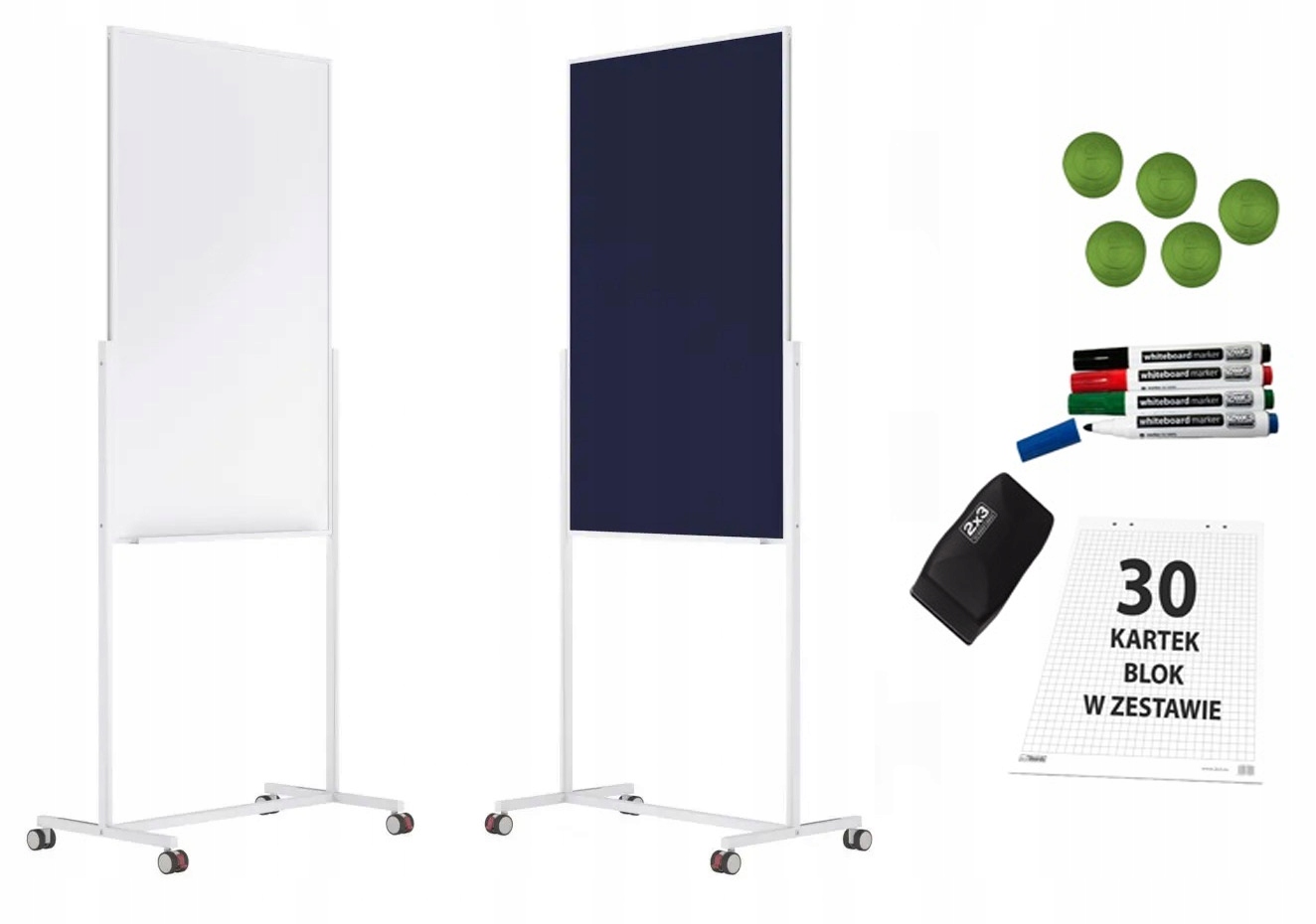 Flipchart dwustronny biały niebieski 75x120 mobilny magnetyczny tekstylny