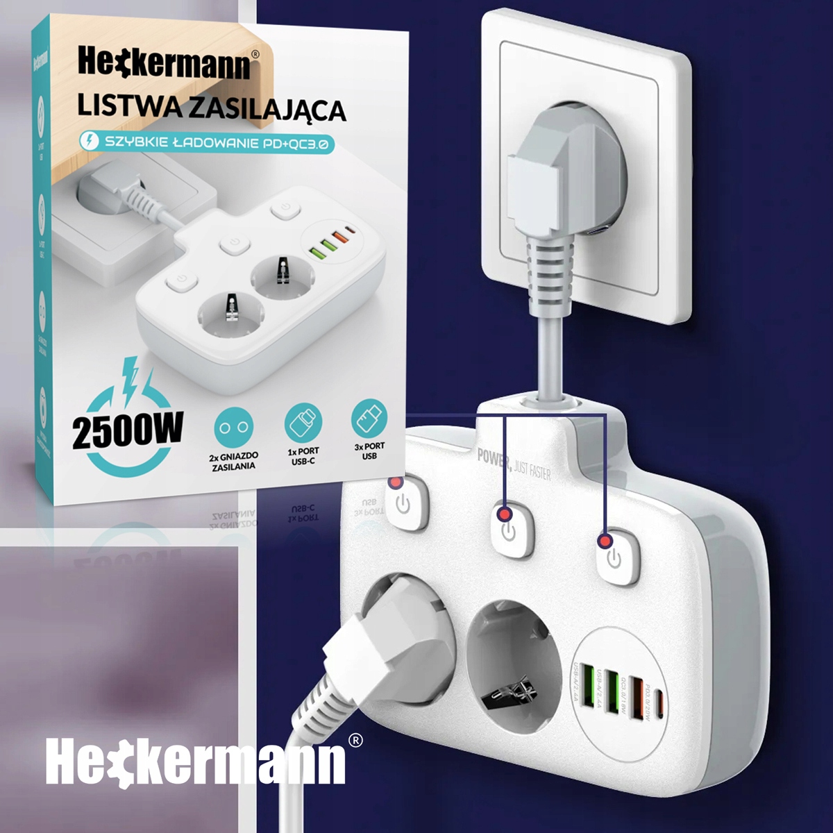 PRZEDŁUŻACZ LISTWA ZASILAJĄCA MOCNA WYŁĄCZNIKAMI QUICK CHARGE USB 3.0 Długość przewodu 0.09 m