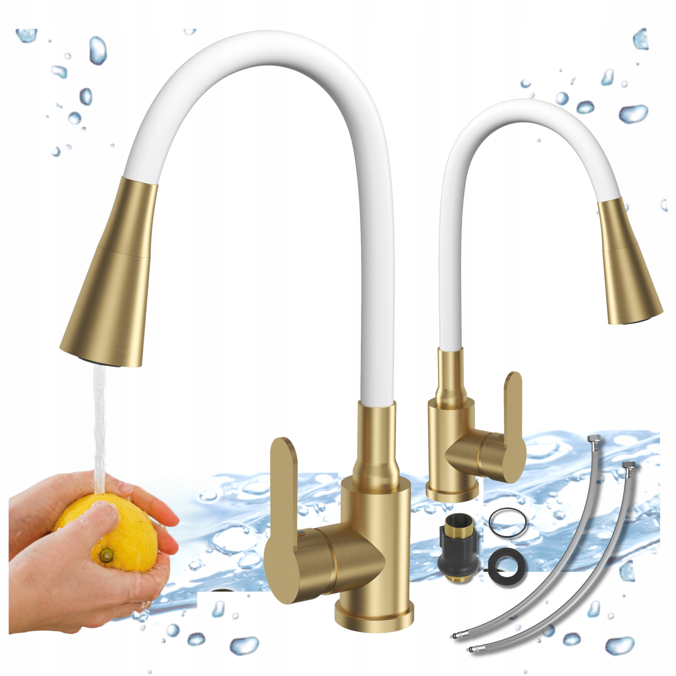 Bateria Kuchenna Stojąca Biała Złota Do Zlewu Elastyczna Wylewka Do Kuchni