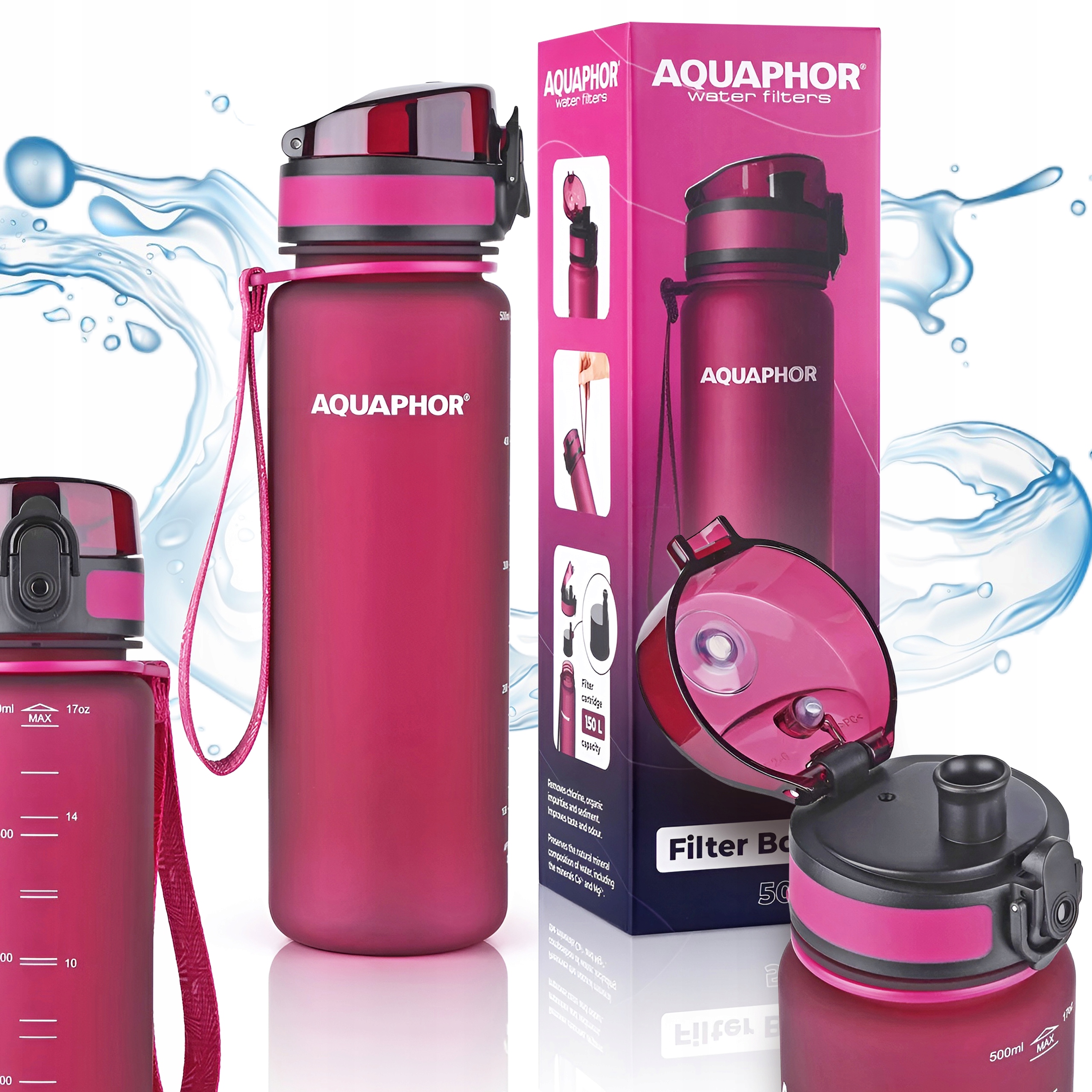 Bidon Butelka filtrująca filtr Aquaphor City 0,5 L Bordowa