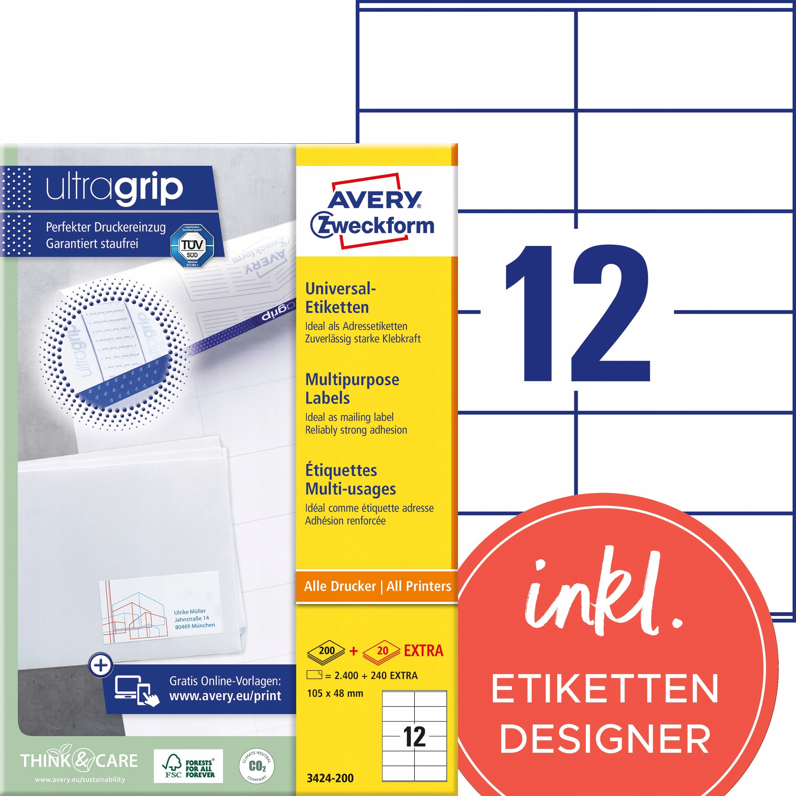 Avery Zweckform 3424-200 samolepek na adresu, 2400 etiket