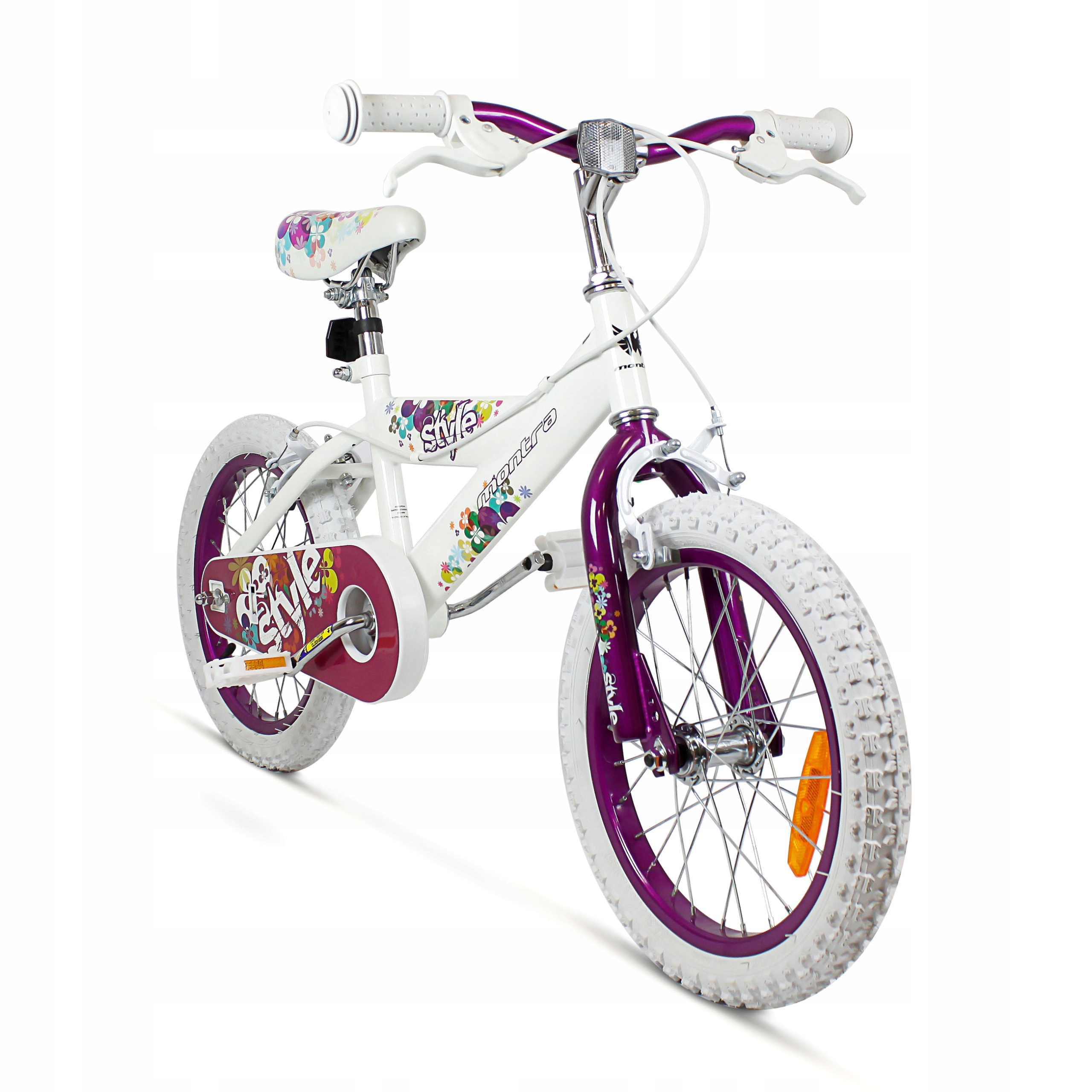 Rower dziecięcy SIrox Montra Style koło16" koszyczek prowadnik biały fiolet