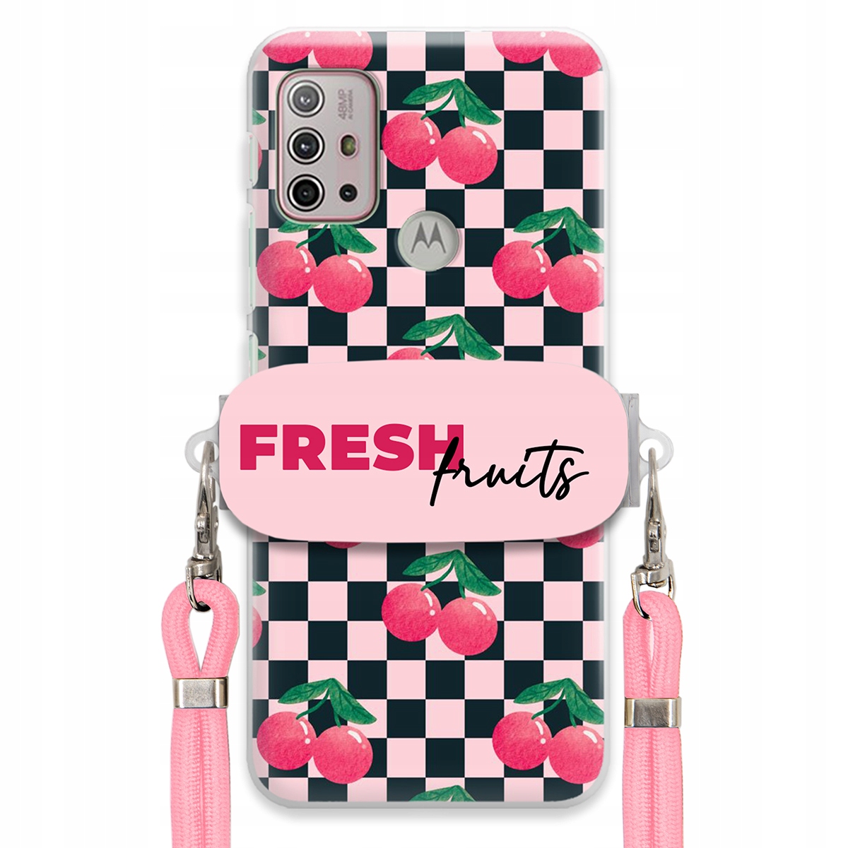 Puzdro pre Motorola G30 Vodítko Pink Crossbody Šachovnicový držiak Fresh Fruits