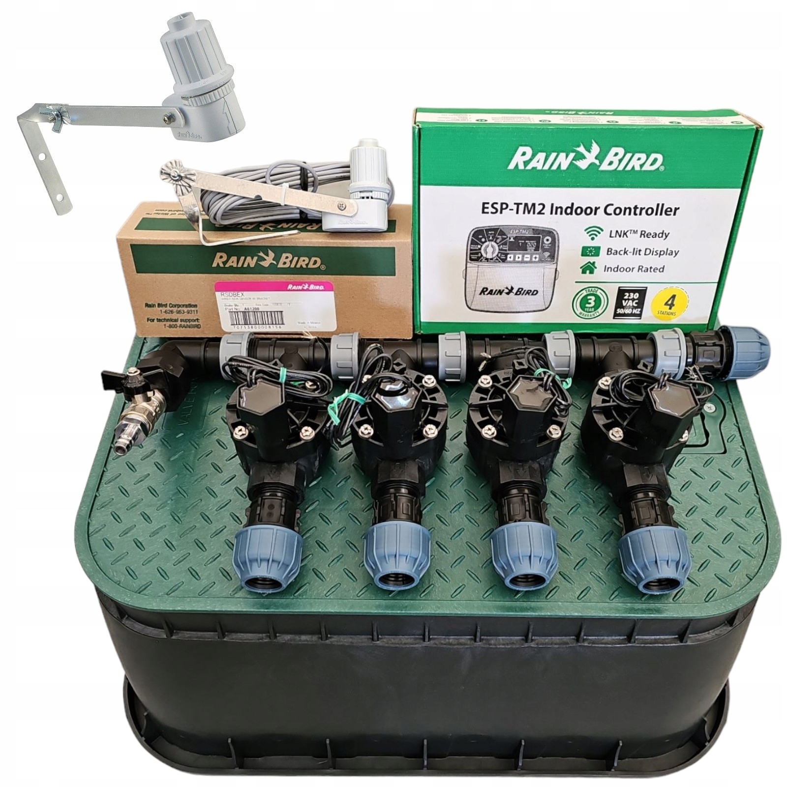 Zestaw Rain Bird 4 sekcje Hv Kompresor Sterownik TM2 Czujnik Rsdbex Pe 32