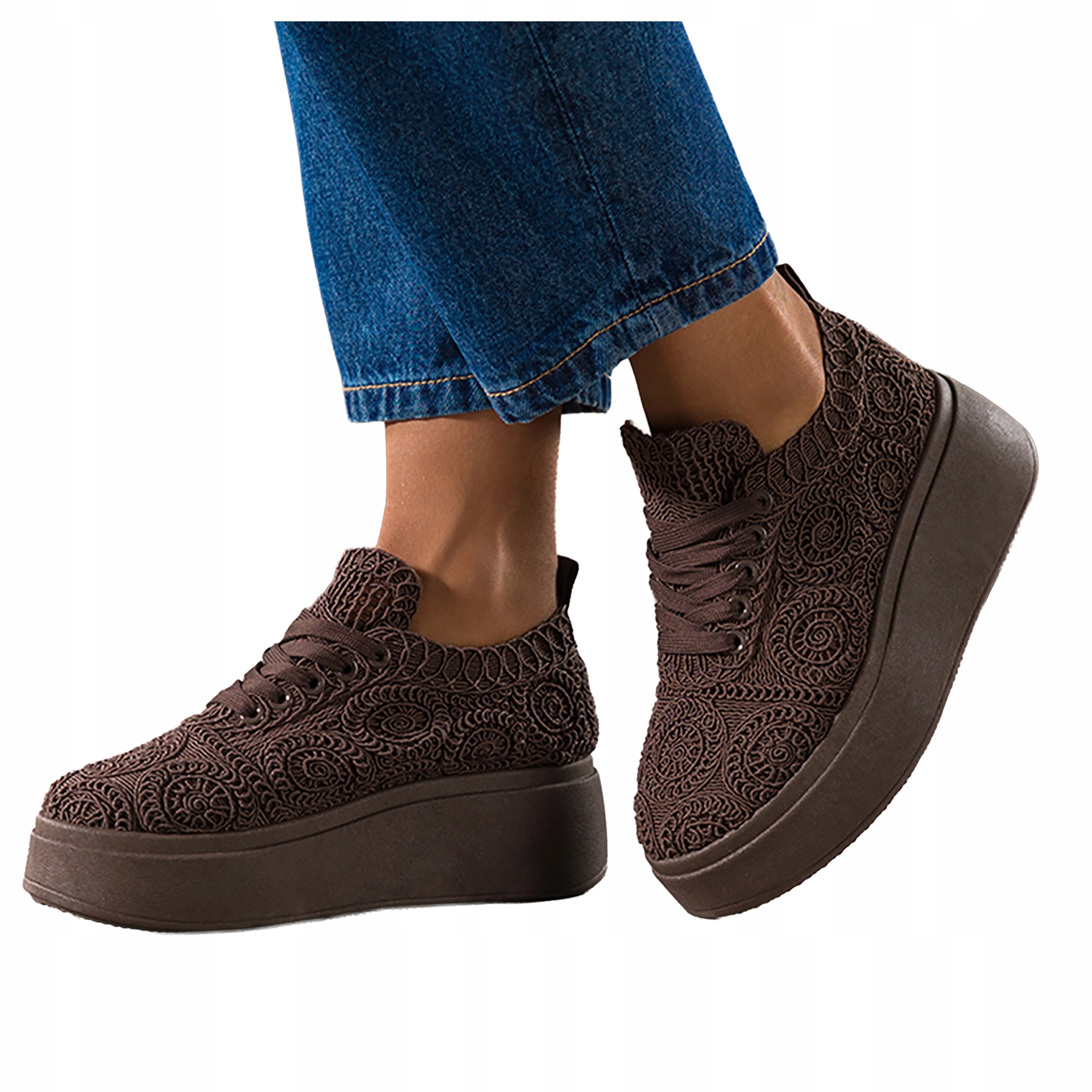 Dámské čokoládové Sneakersy Na Platformě Creepersy Krajkové Modne r 40