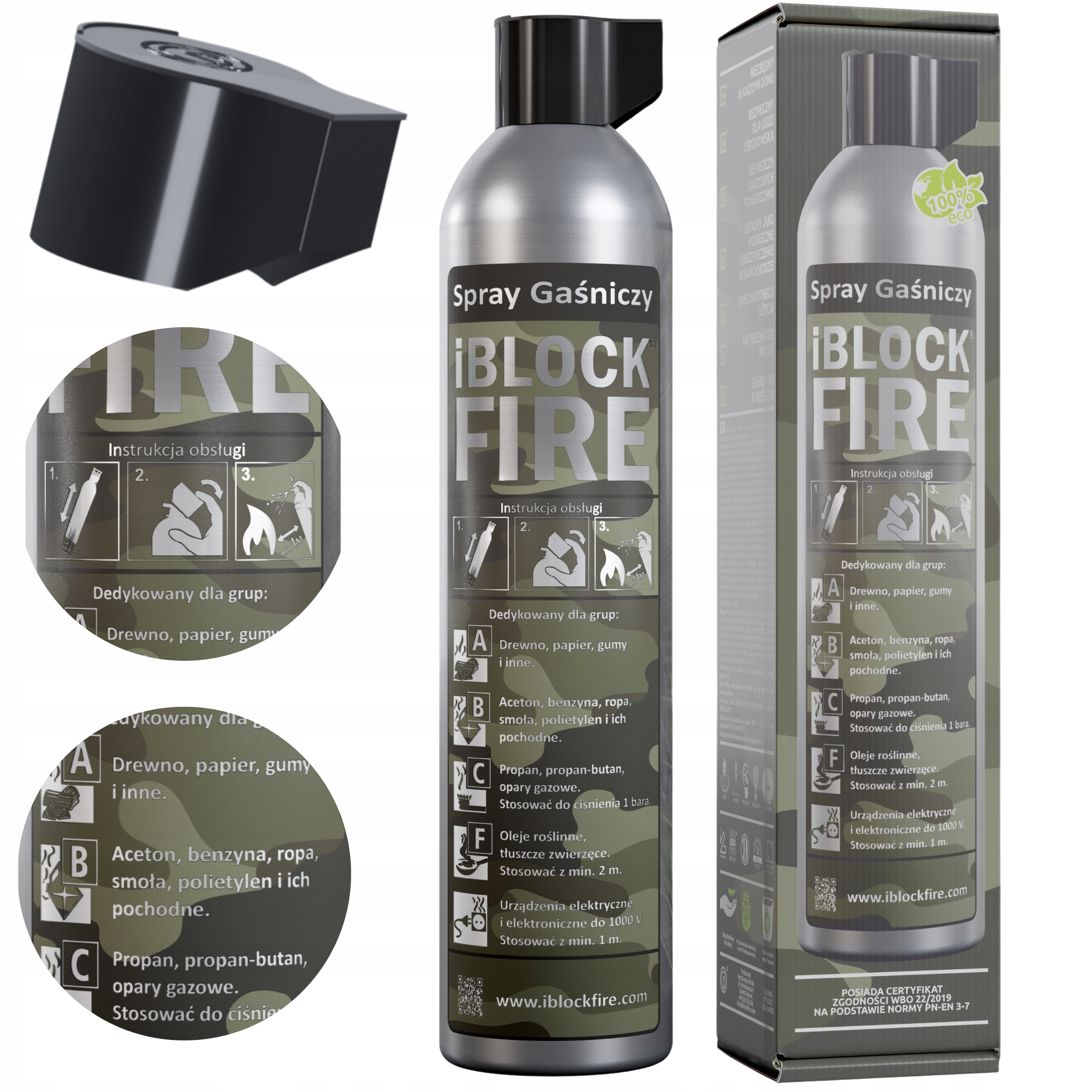 Gaśnica Militarna Abcf+e 0,6L. 100%BIO Spray Gaśniczy iBlockFIRE Zasięg 8M.
