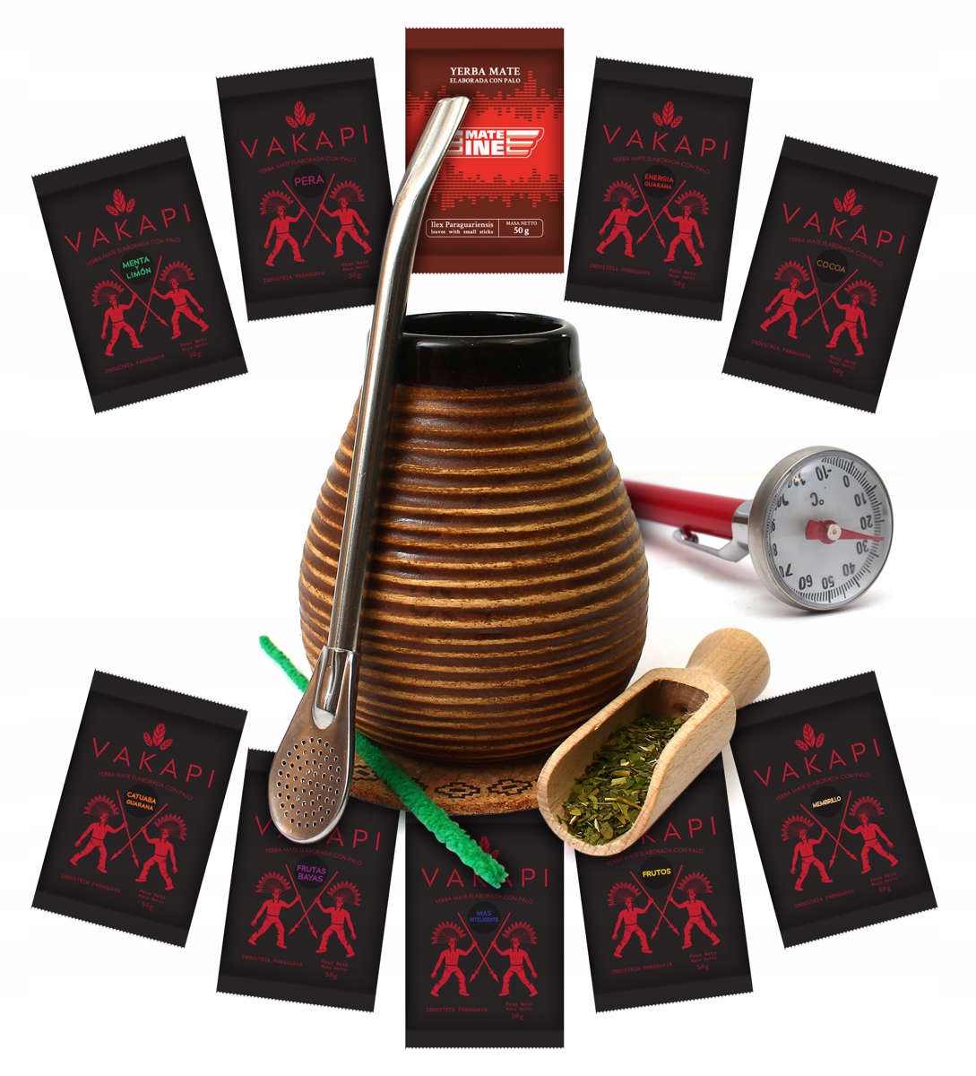 Levně Sada Yerba Mate Vakapi mix 10x50g 500g Tykev Medová Teploměr Bombilla