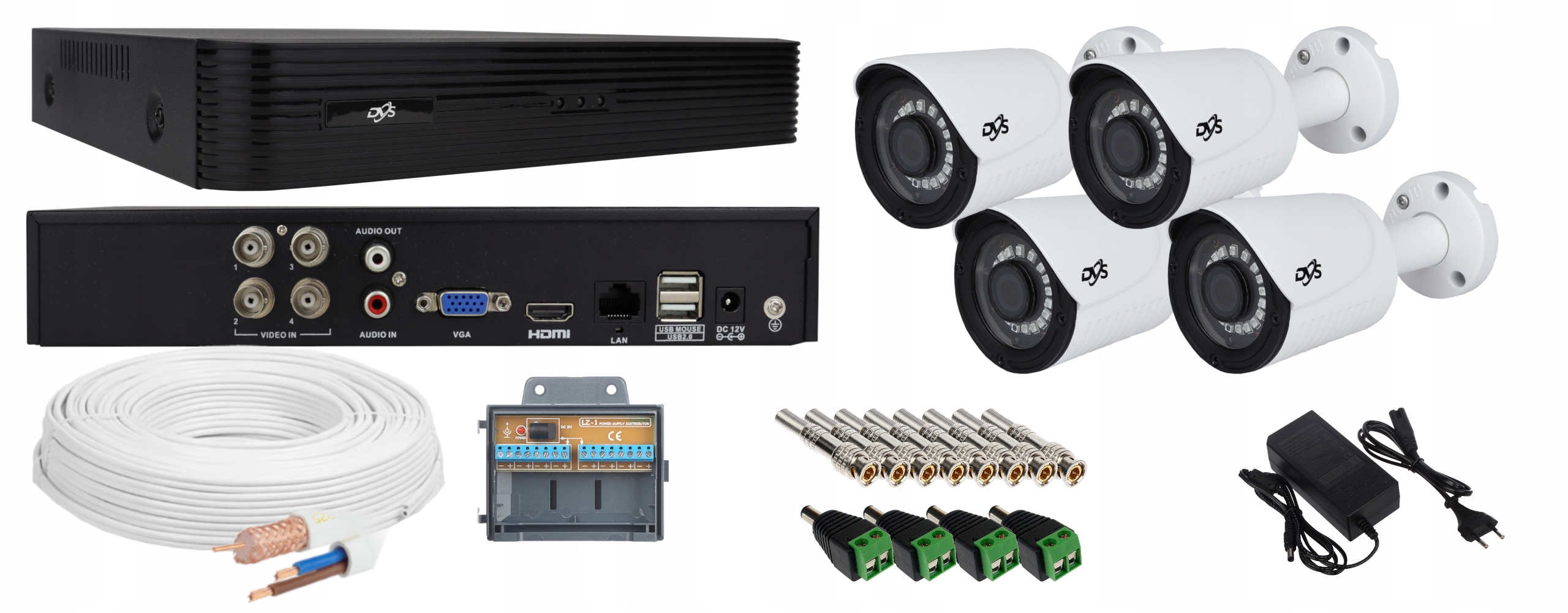 ZESTAW DO MONITORINGU DOMU 4 KAMERY ZEWNĘTRZNE ANALOG 5Mpx DVS POLSKA Kod producenta DVS-XVR0401-N5+4xDVS-HA5028NT-IR