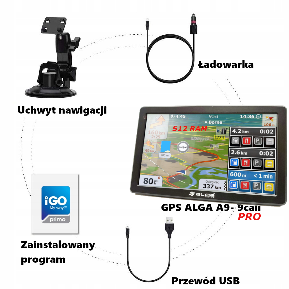 Nawigacja GPS ALGA A9 PRO-512RAM Igo Primo TiR Dostawca map NNG iGo