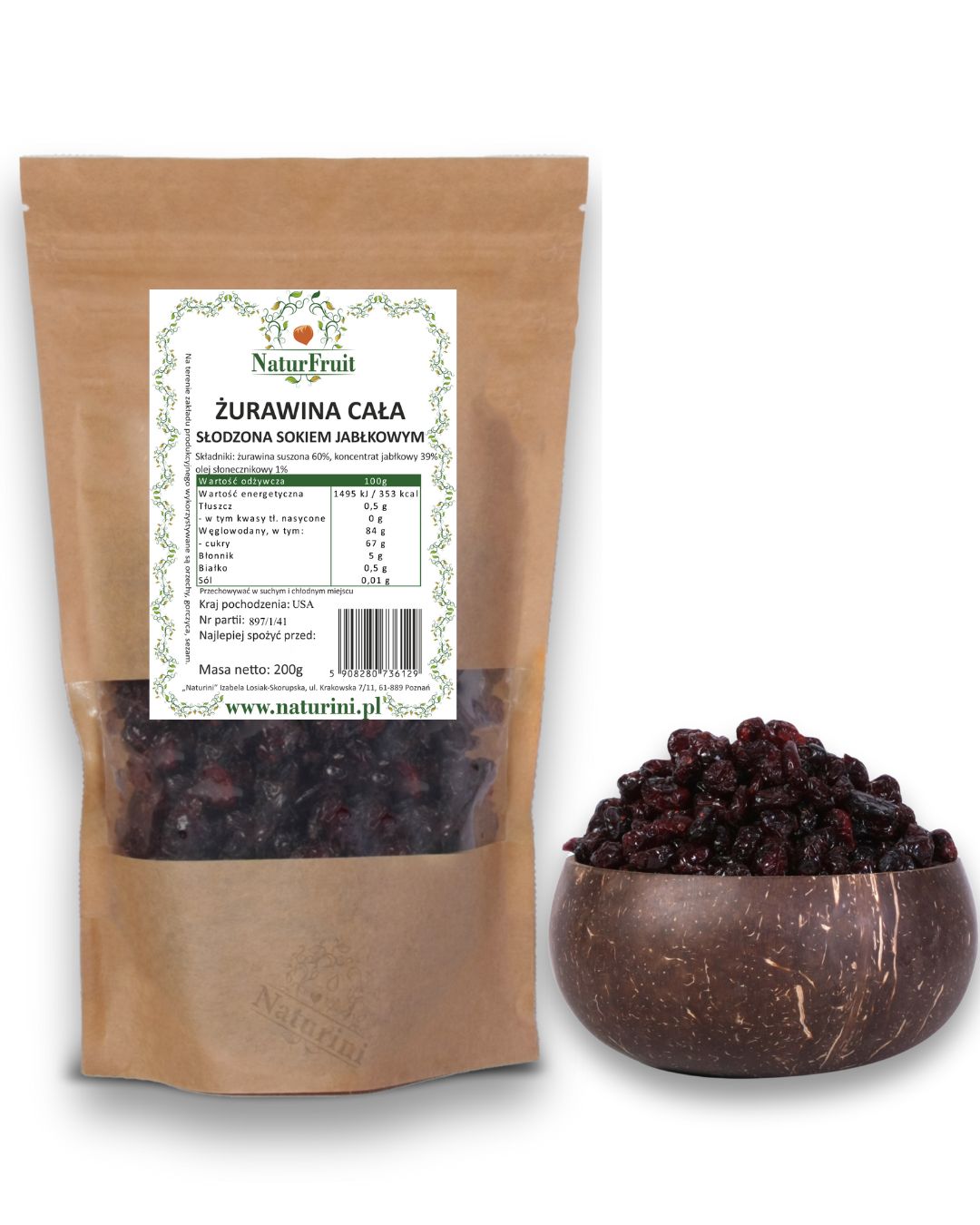 Levně Brusinky Celá a Jablečný Džus Premium 1 kg Naturini