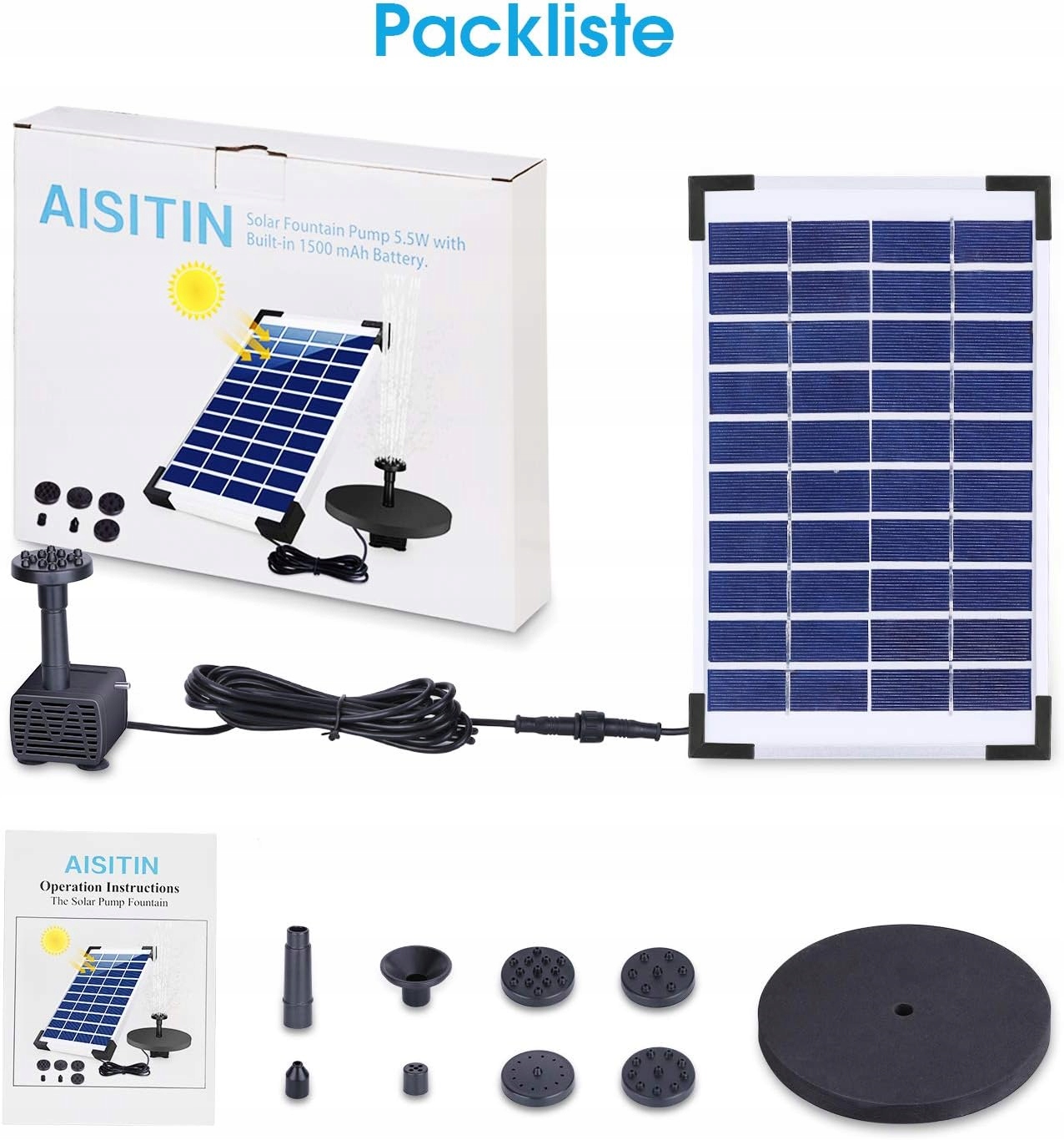 AISITIN Fontanna Solarna 5.5W Z Baterią 1500mAh Do Oczka Wodnego Ogrodu — miniatura 11