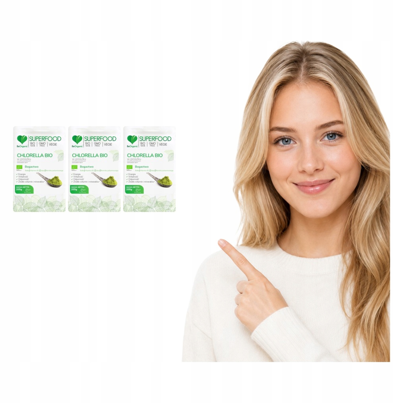 3x Bio Chlorella 200 g Beorganic Proszek 100% Mikroalga Do Koktajli i Wody