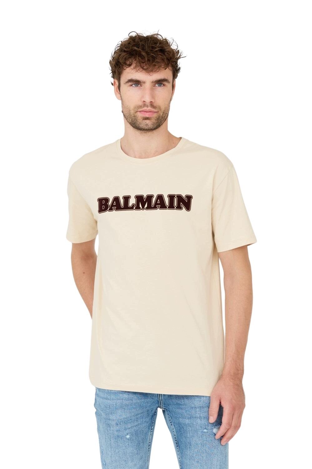 Balmain Beżowy męski t-shirt Retro Balmain Flock S