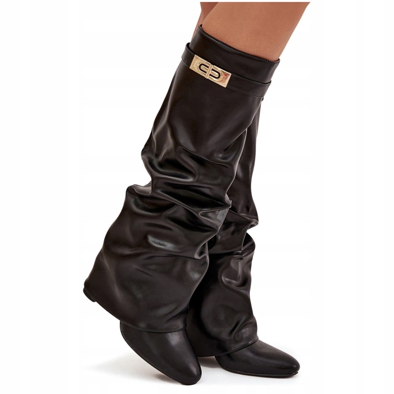 Dámské Kozačky Eko Kožené Podpatek Sloupek Vyhrnutý Svršek Černé 37