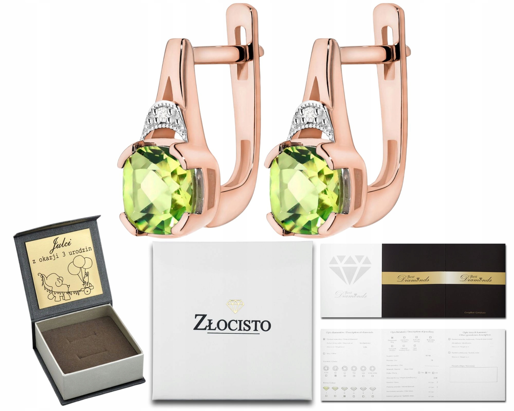 Růžové Zlato Náušnice S Olivínem A Diamanty Na Anglickém Zapínání 585