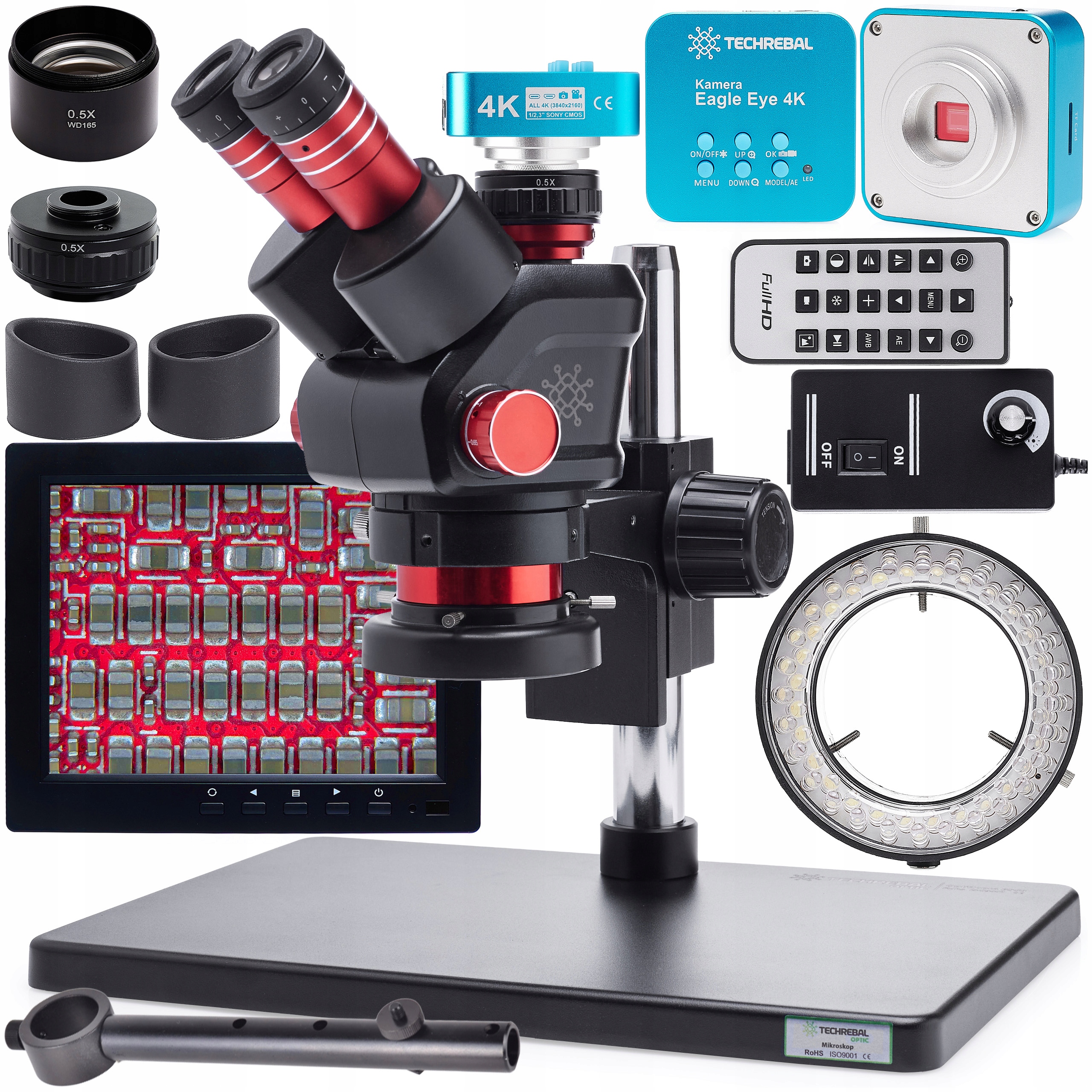 Optický Mikroskop 6,5-58x kamera 4K osvětlení 56x obrazovka 8" barlow 0,5x