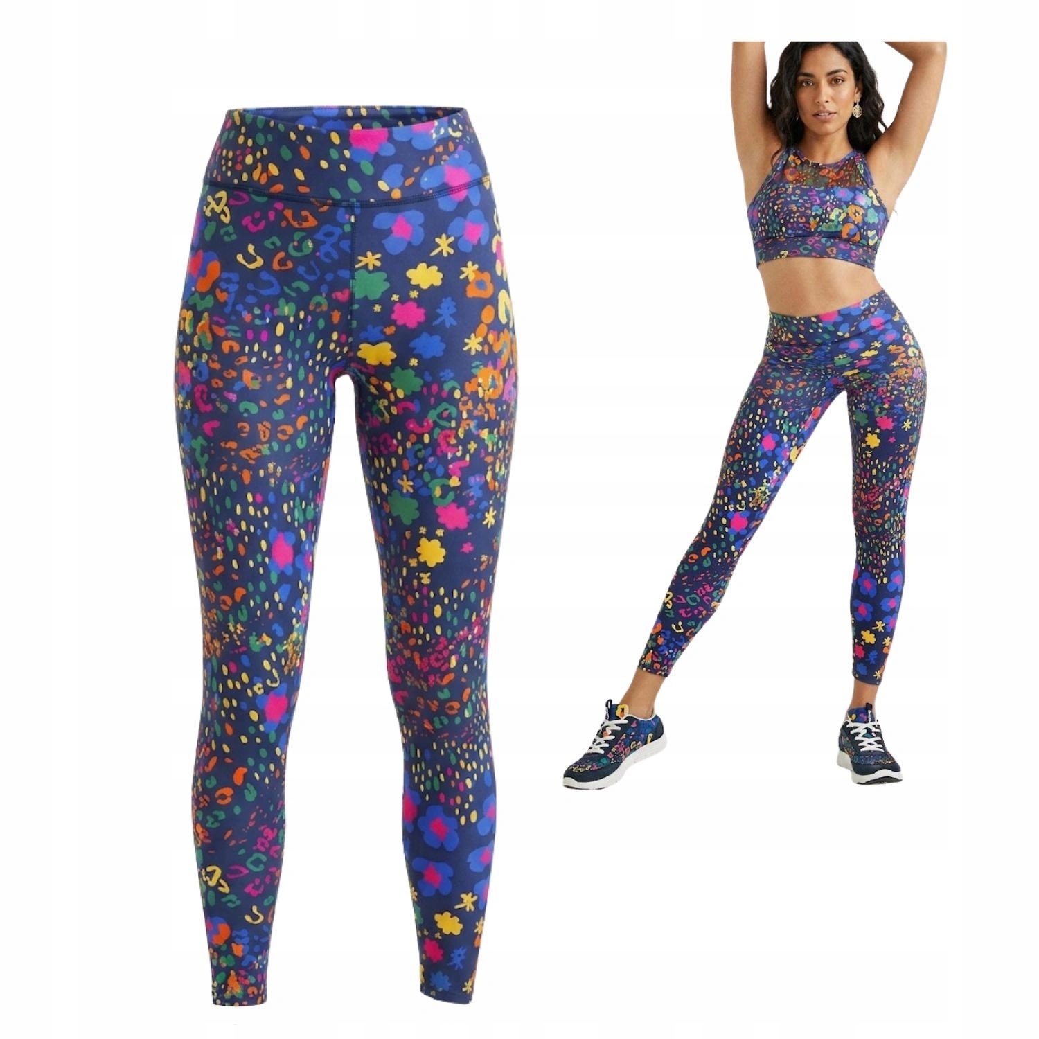 Dámské legíny Desigual Leo s vysokým fitness pasem, tmavě modré s puntíky, velikost vel.