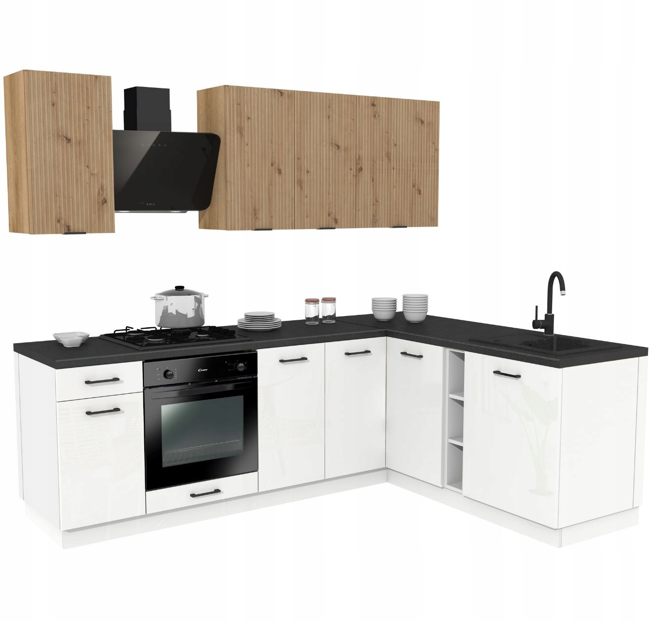 Rohová kuchyňská sada Mix 240/180 Bílý lesk a dub Artisan s pracovní deskou