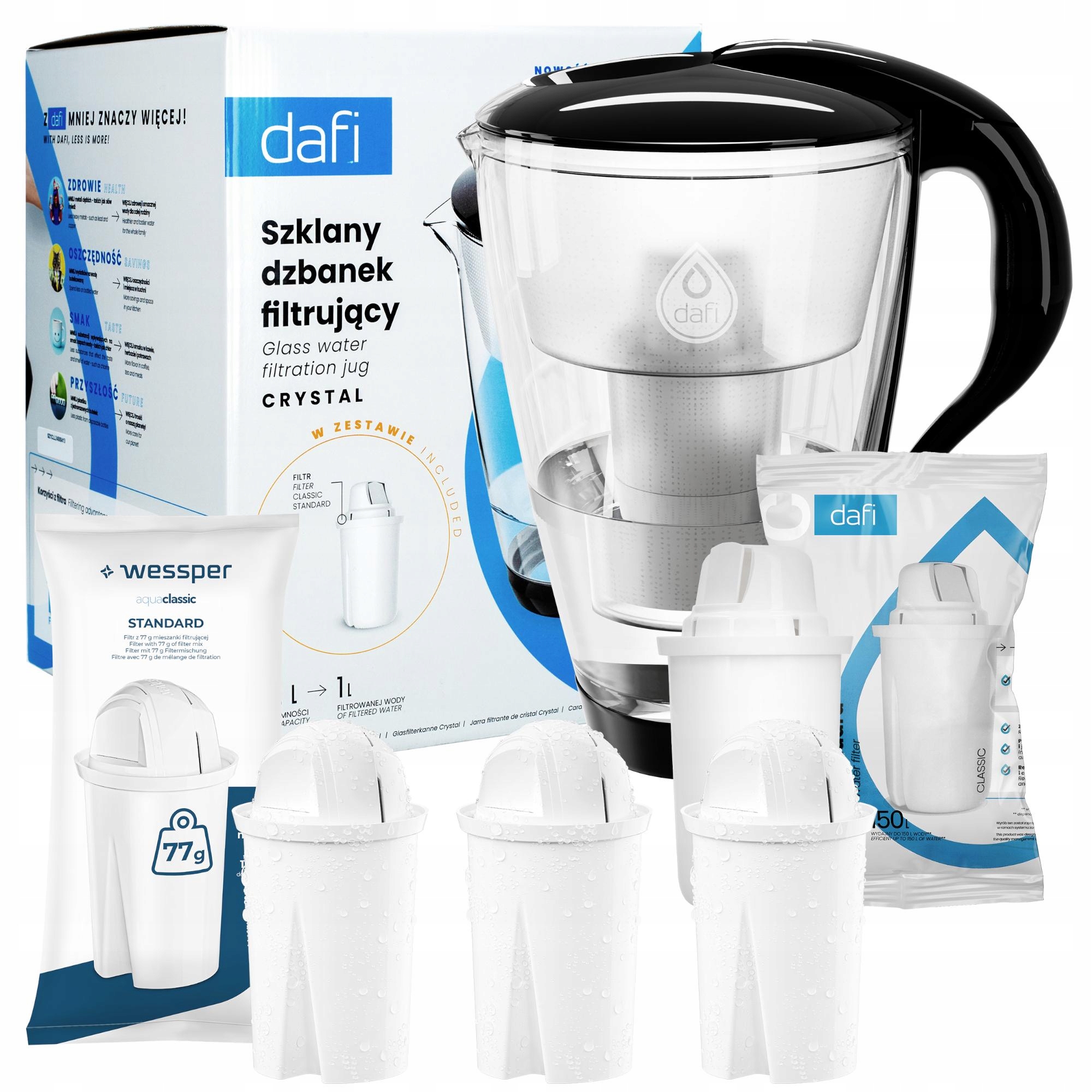Skleněná filtrační konvice Dafi Crystal 2 l černá 3x náhrada Wessper