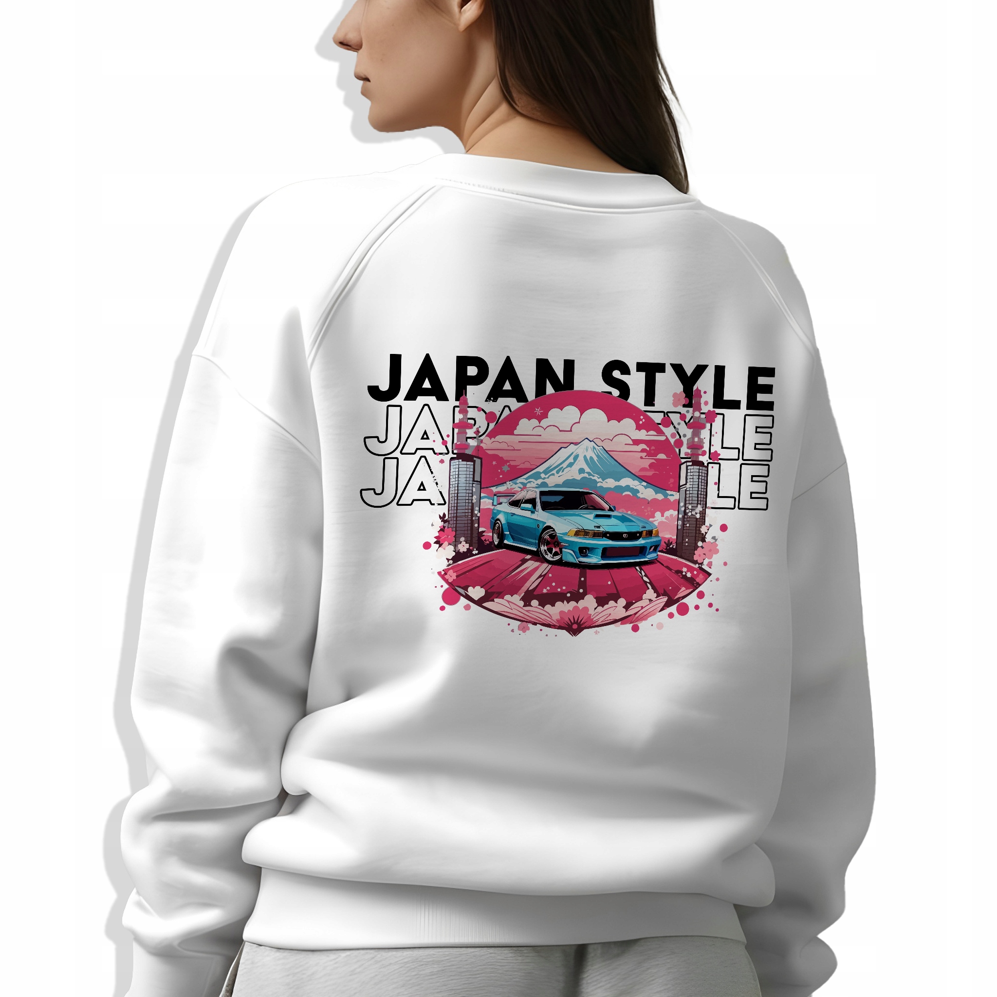 Bílá Mikina Japan Style Sportovní auto Japonský potisk Zadní Strana Velikost M